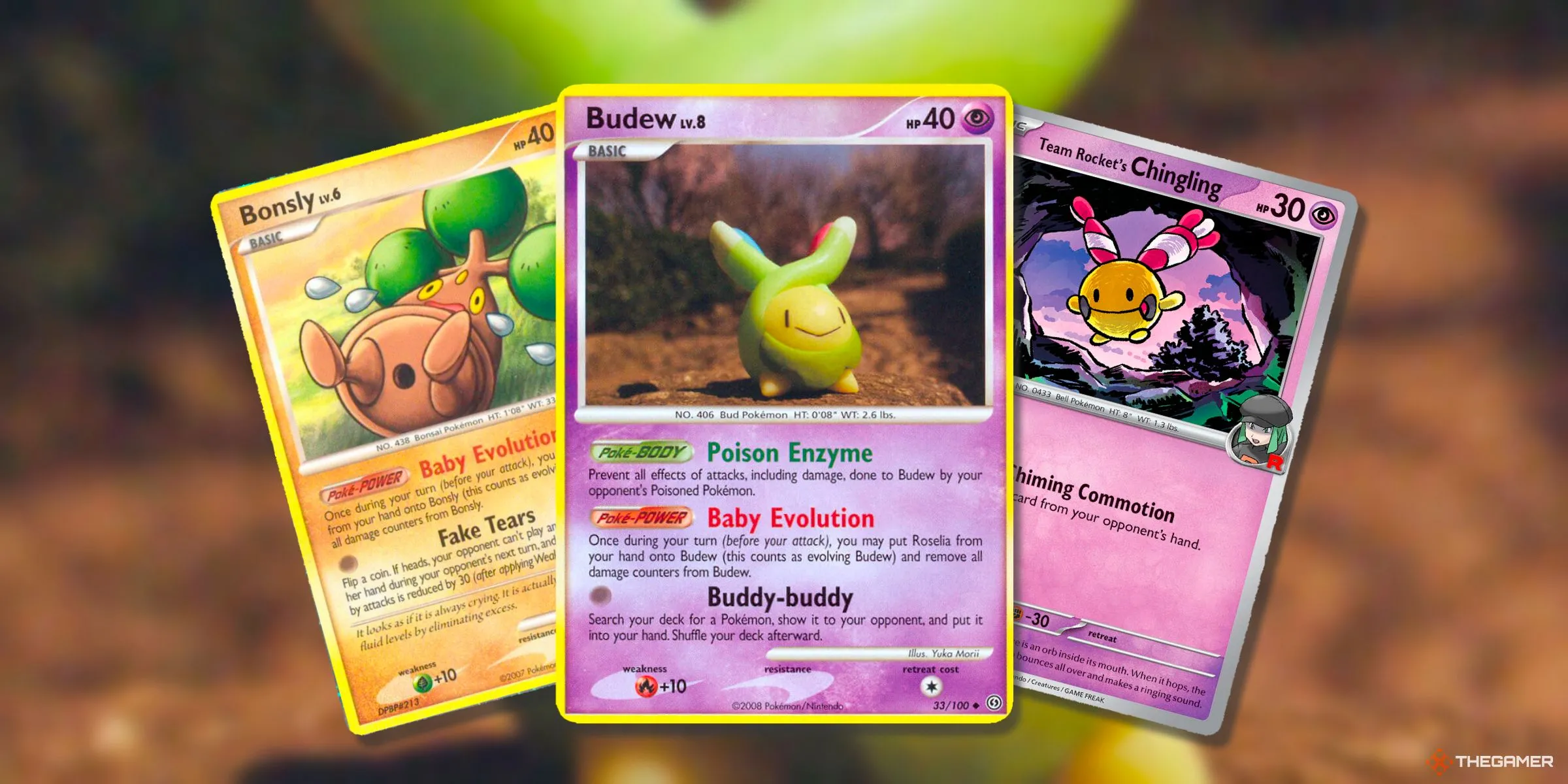 Các thẻ bài Bonsly, Budew và Chingling từ các kỷ nguyên khác nhau của Pokemon TCG.