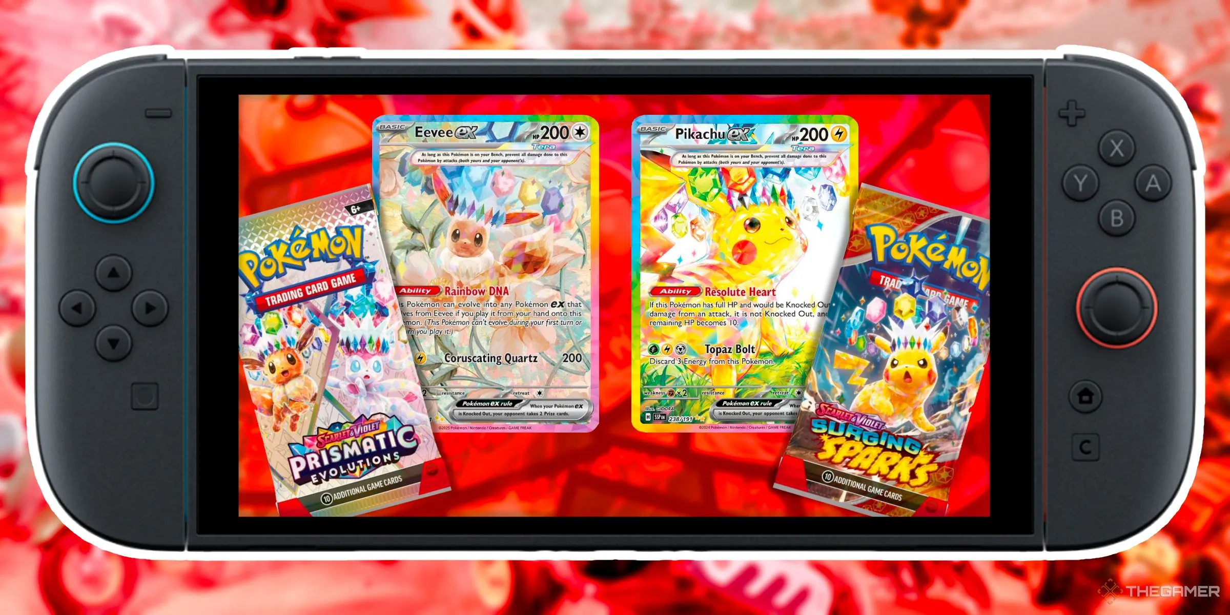 Các thẻ bài hiếm Eevee và Pikachu Tera EX, cùng với gói bài Prismatic Evolutions và Surging Sparks của Pokémon Trading Card Game, được hiển thị bên trong màn hình Nintendo Switch 2.