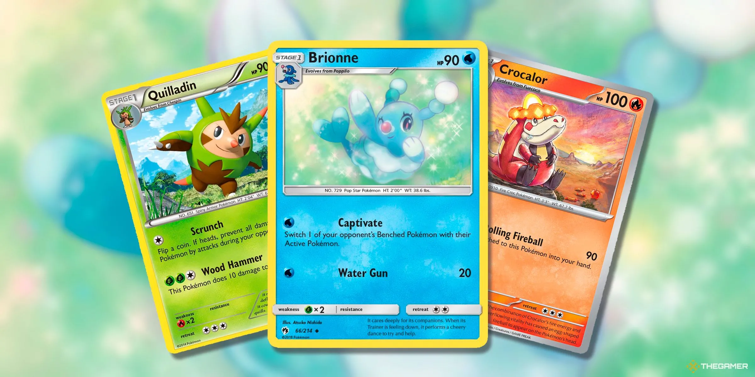 Các thẻ bài Quilladin, Brionne và Crocalor từ các kỷ nguyên khác nhau của Pokemon TCG.