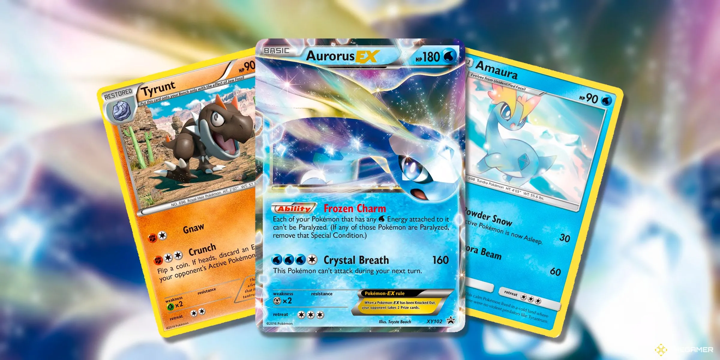 Các thẻ bài Tyrunt, Aurorus EX và Amaura từ các kỷ nguyên khác nhau của Pokemon TCG.