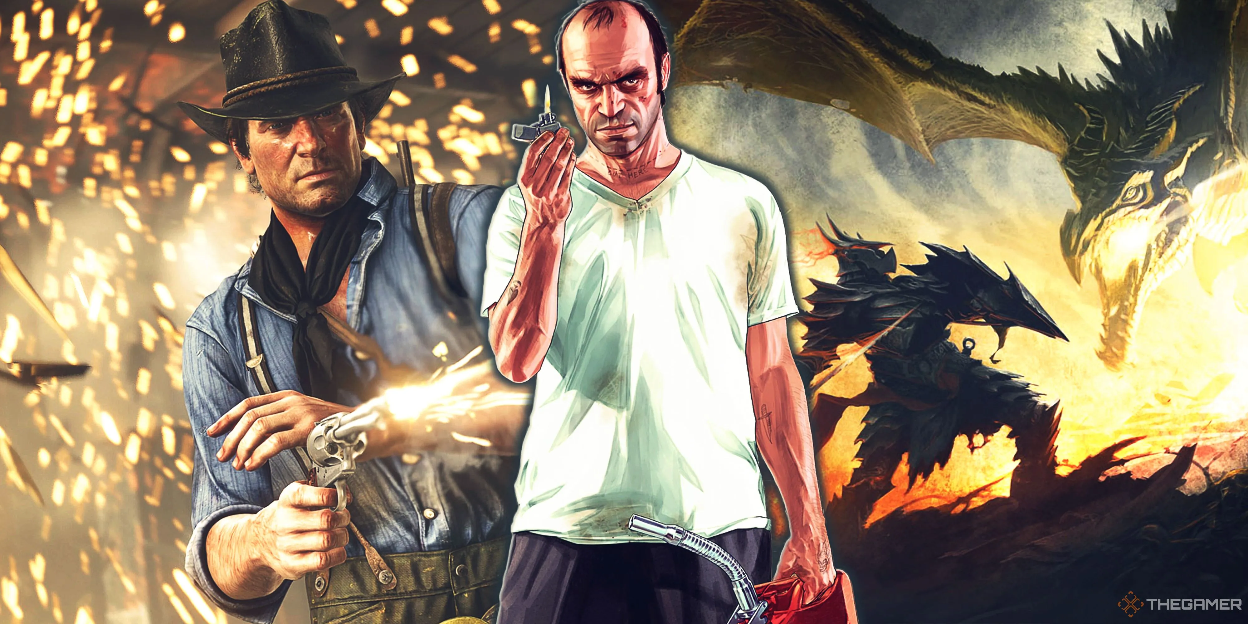 Các trò chơi thế giới mở như Red Dead Redemption 2, GTA 5 và Skyrim, nơi game thủ tự do khám phá và tạo ra cuộc phiêu lưu của riêng mình