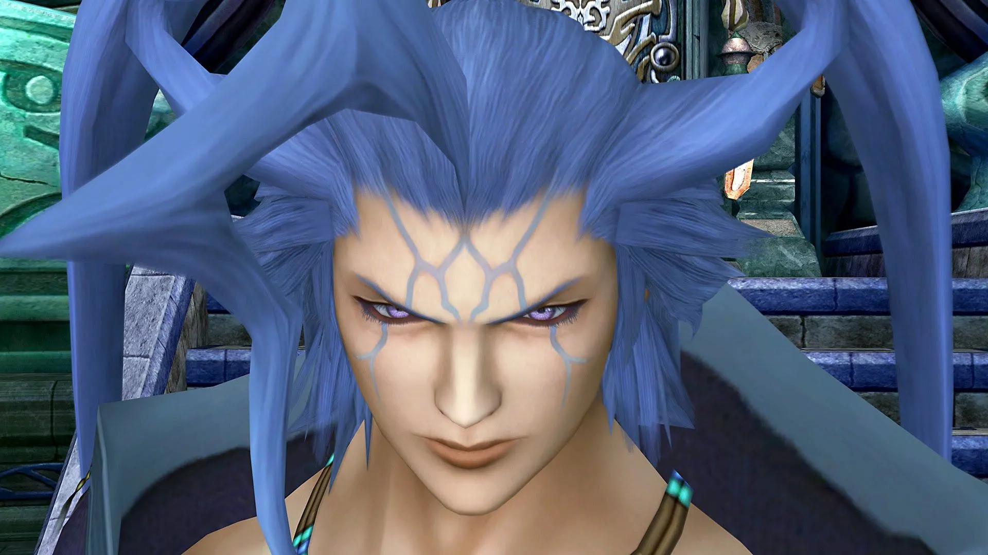 Cận cảnh khuôn mặt nham hiểm của Seymour Guado, kẻ phản diện đáng ghét trong Final Fantasy X.