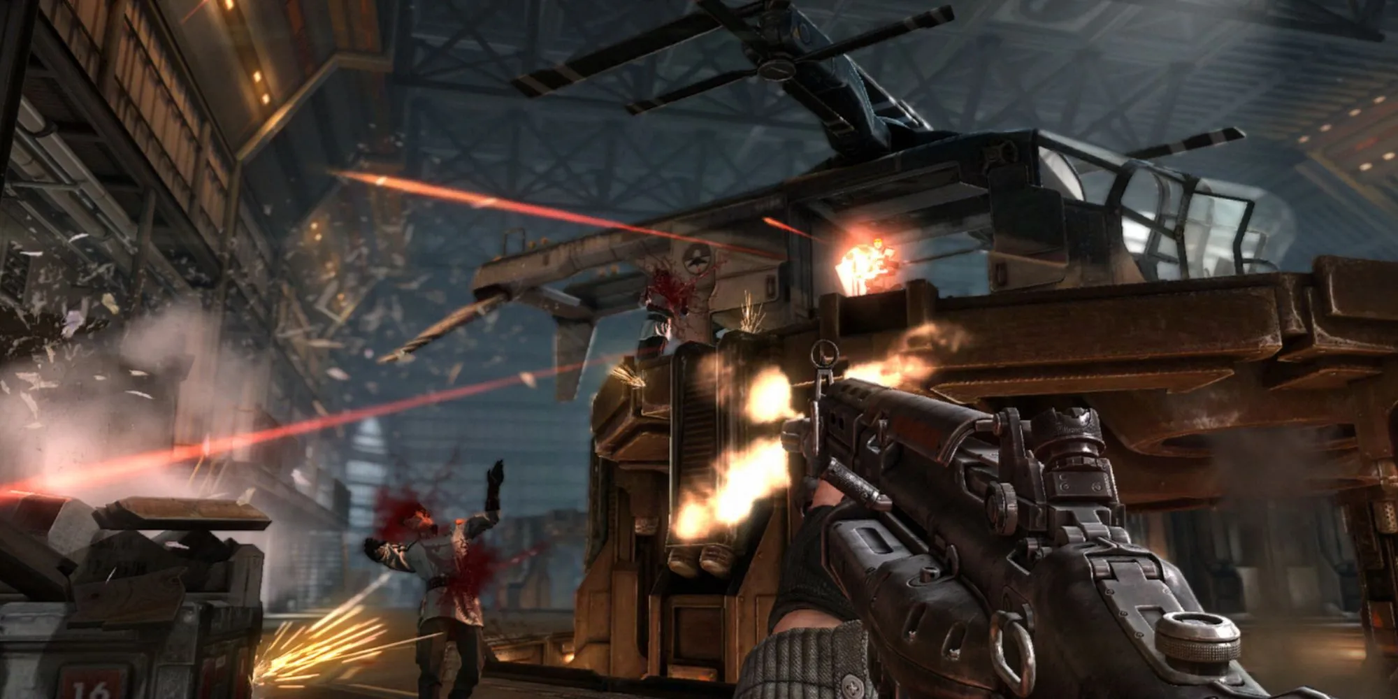 Cảnh chiến đấu mãnh liệt, BJ Blazkowicz đối đầu quân đội Nazi trong Wolfenstein The New Order, đầy bạo lực và cảm xúc