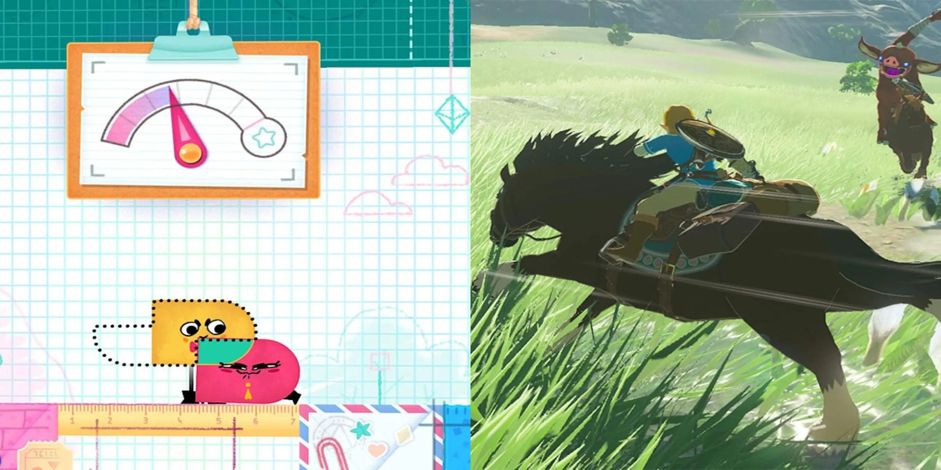Cảnh chơi game Snipperclips và The Legend of Zelda: Breath of the Wild trên Nintendo Switch, minh chứng cho sự đa dạng của thư viện game.