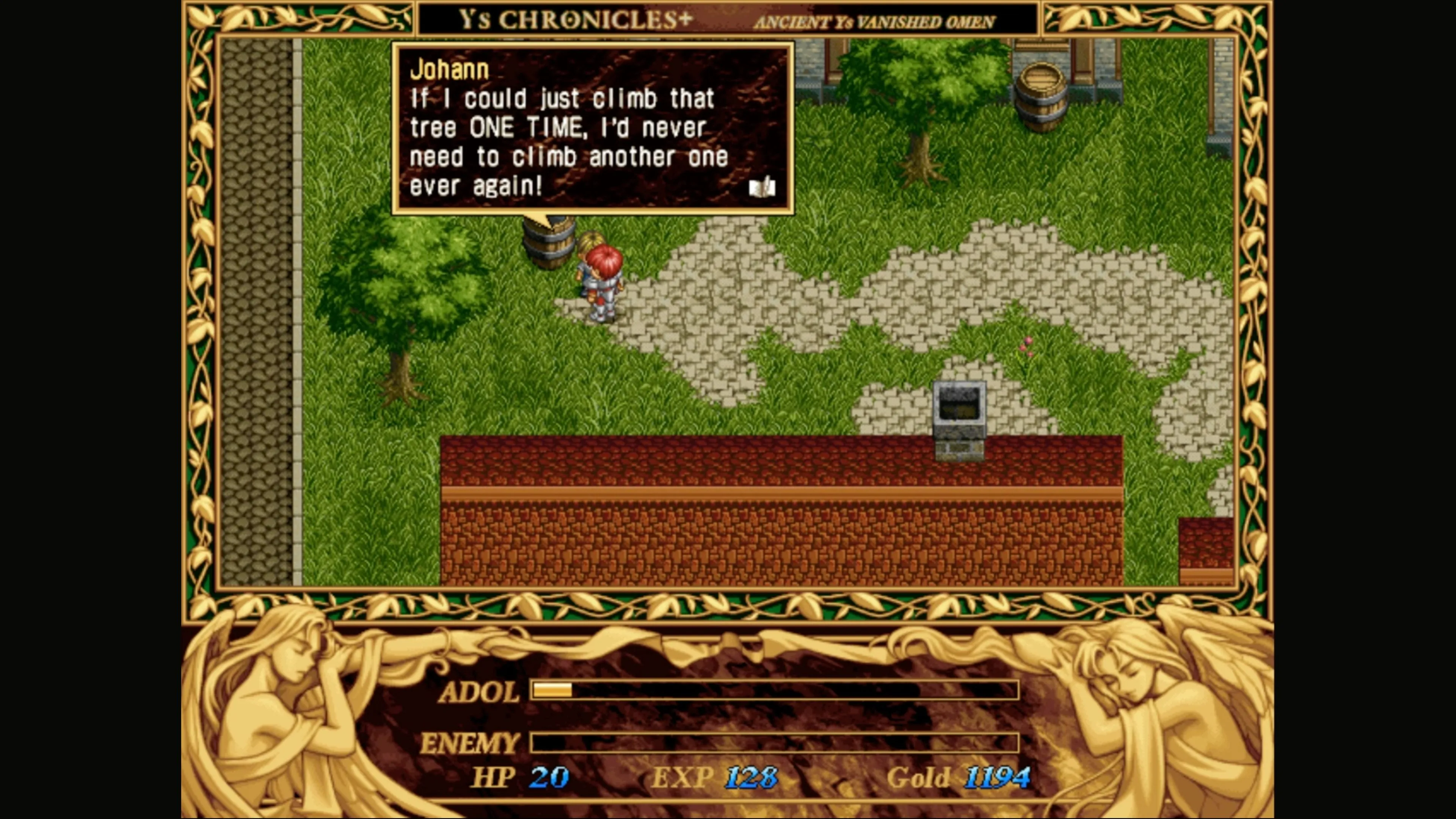 Cảnh chơi game Ys I với góc nhìn từ trên xuống, đặc trưng cho thể loại RPG cổ điển.