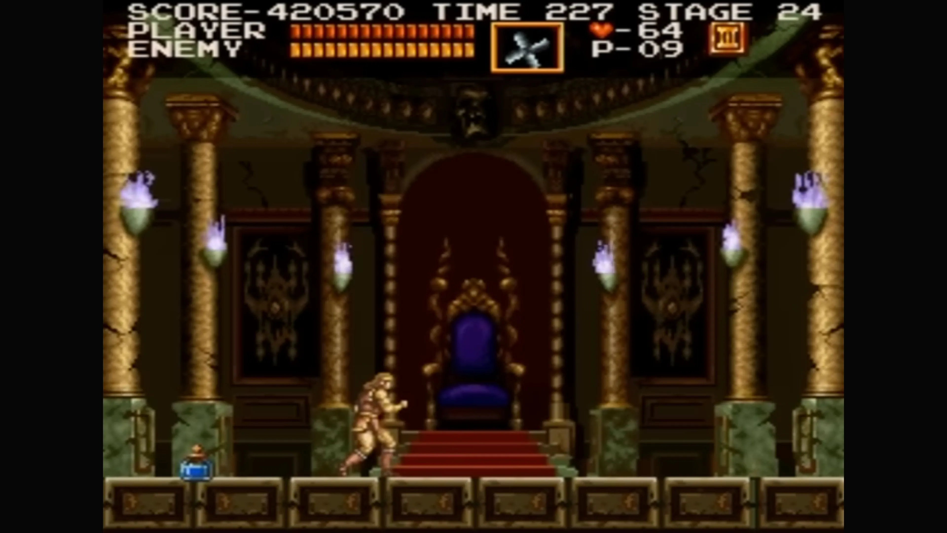 Cảnh đánh boss trong Castlevania Chronicles, thể hiện sự đối đầu kịch tính.