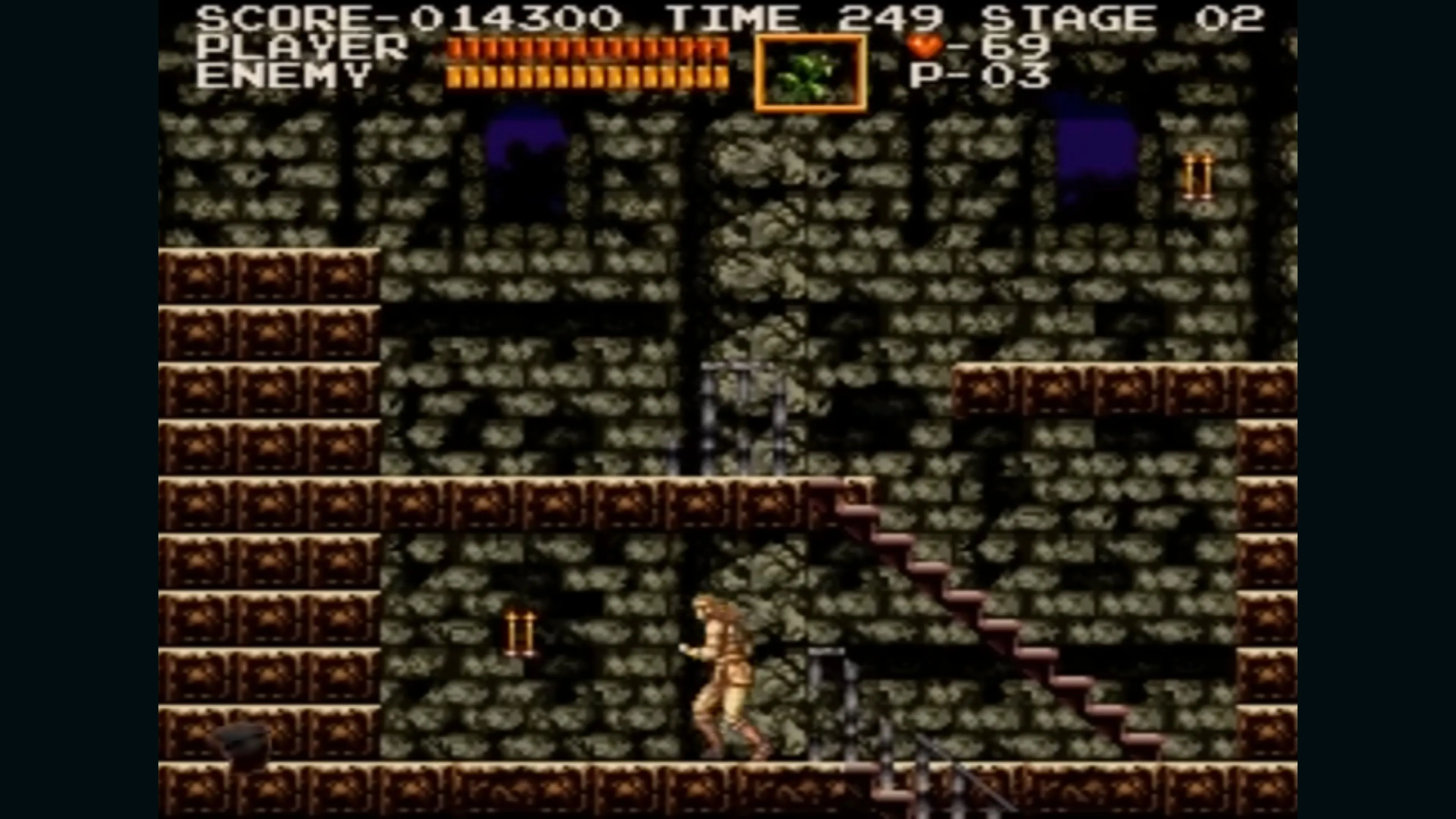 Cảnh gameplay đầu tiên trong Castlevania Chronicles, cho thấy Simon Belmont trong lâu đài Dracula.