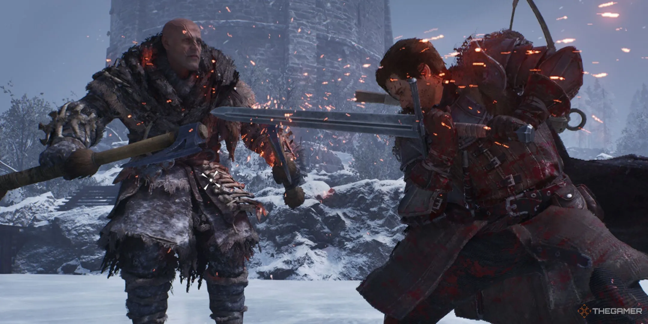 Cảnh gameplay Game of Thrones: Kingsroad, một nhân vật đang chiến đấu với người khổng lồ trong bối cảnh tuyết