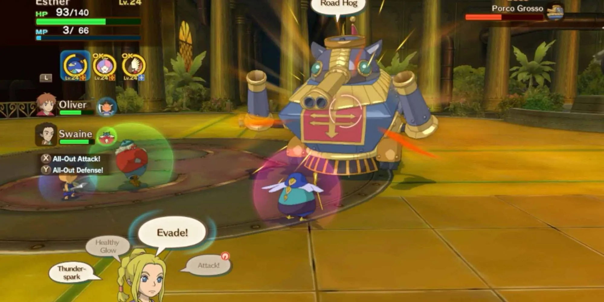 Cảnh Oliver chiến đấu với một robot trong Ni no Kuni: Wrath of the White Witch, mang phong cách nghệ thuật Studio Ghibli.