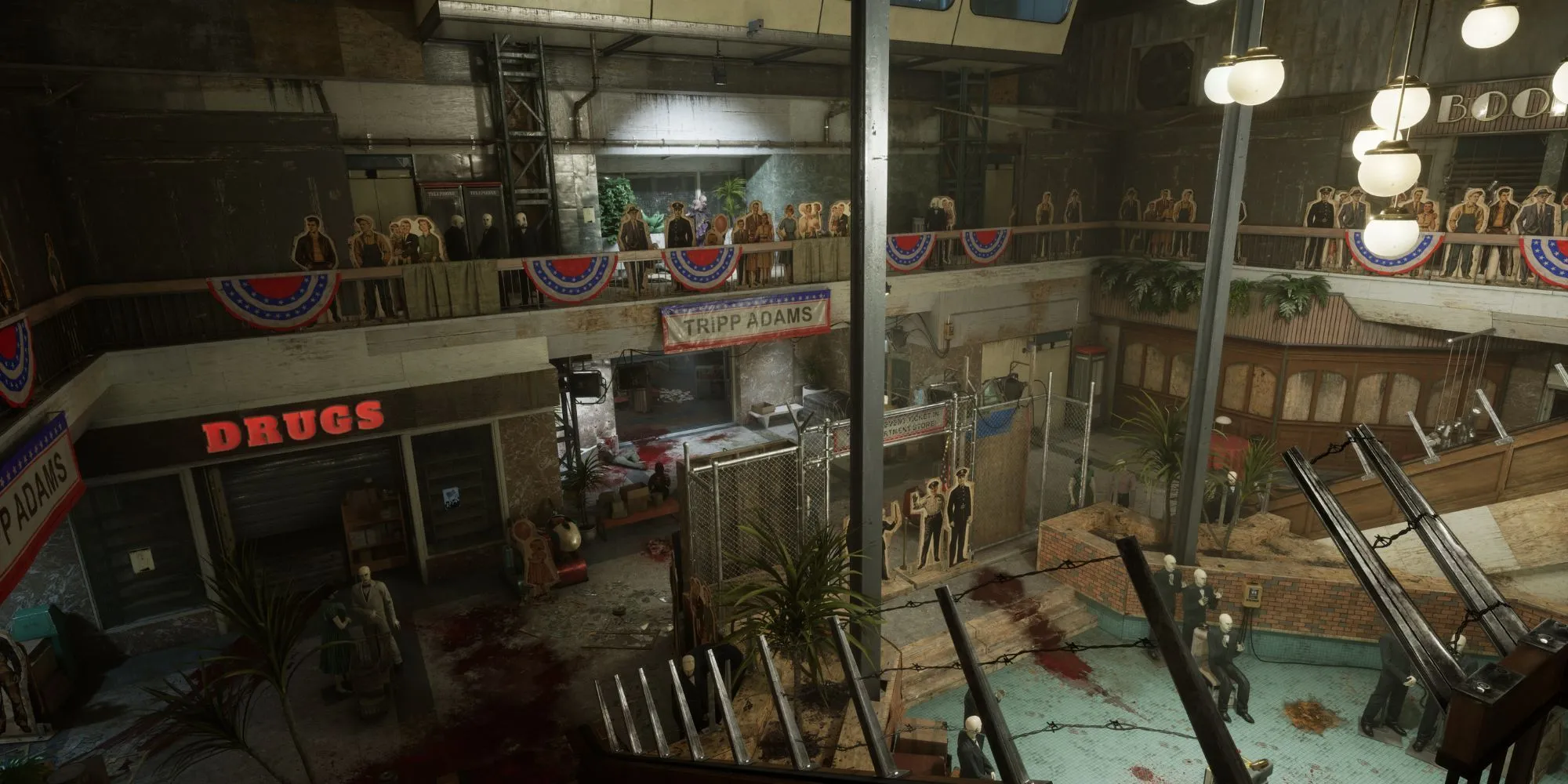Cảnh quan bên trong Trung Tâm Thương Mại, bản đồ mới trong The Outlast Trials Season 4, với không gian đổ nát và cảm giác bị bỏ hoang.