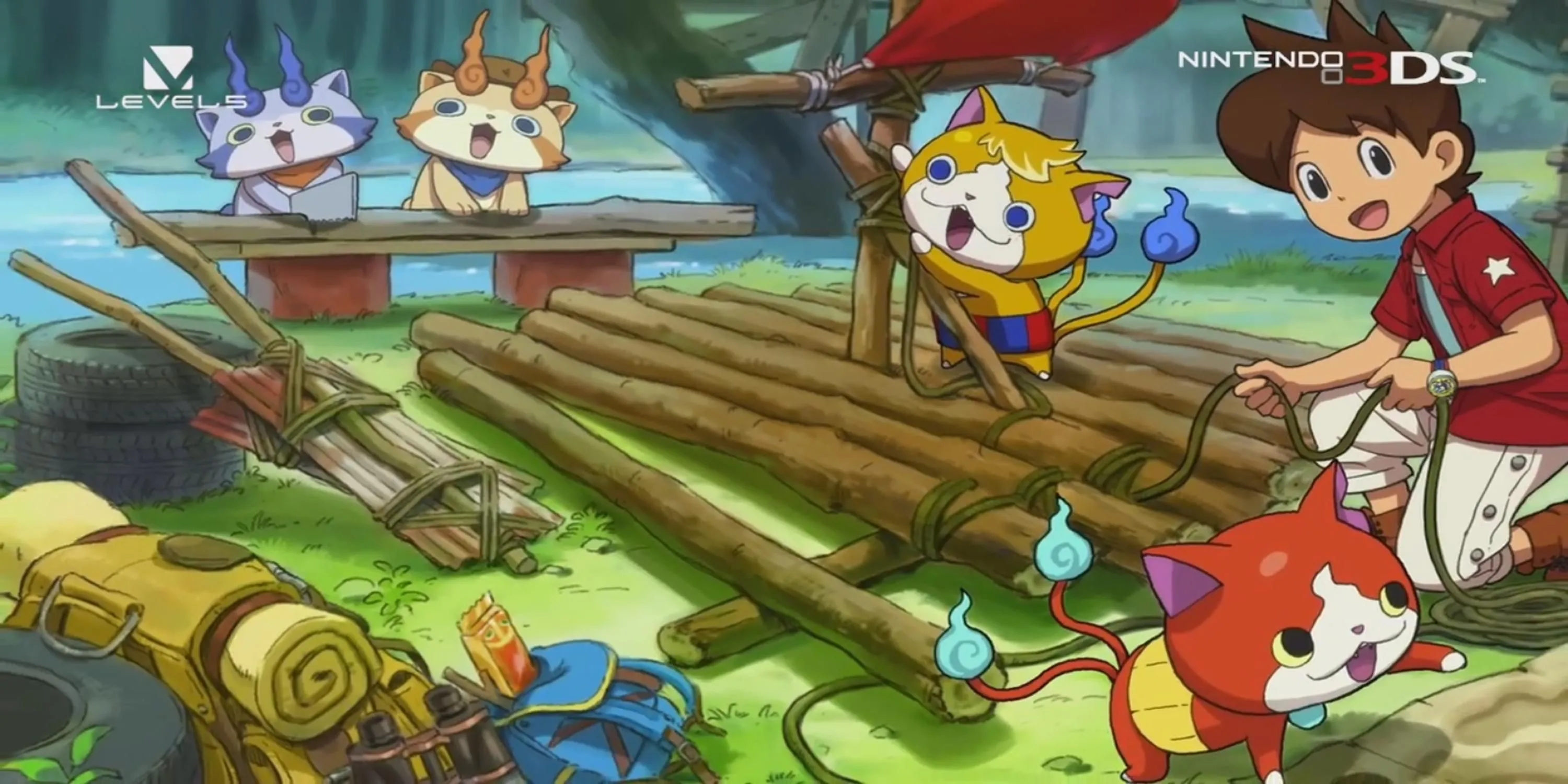 Cảnh xây bè với những chú mèo con đáng yêu trong thế giới Yo-kai Watch 3, thể hiện sự hài hước và sáng tạo của game.