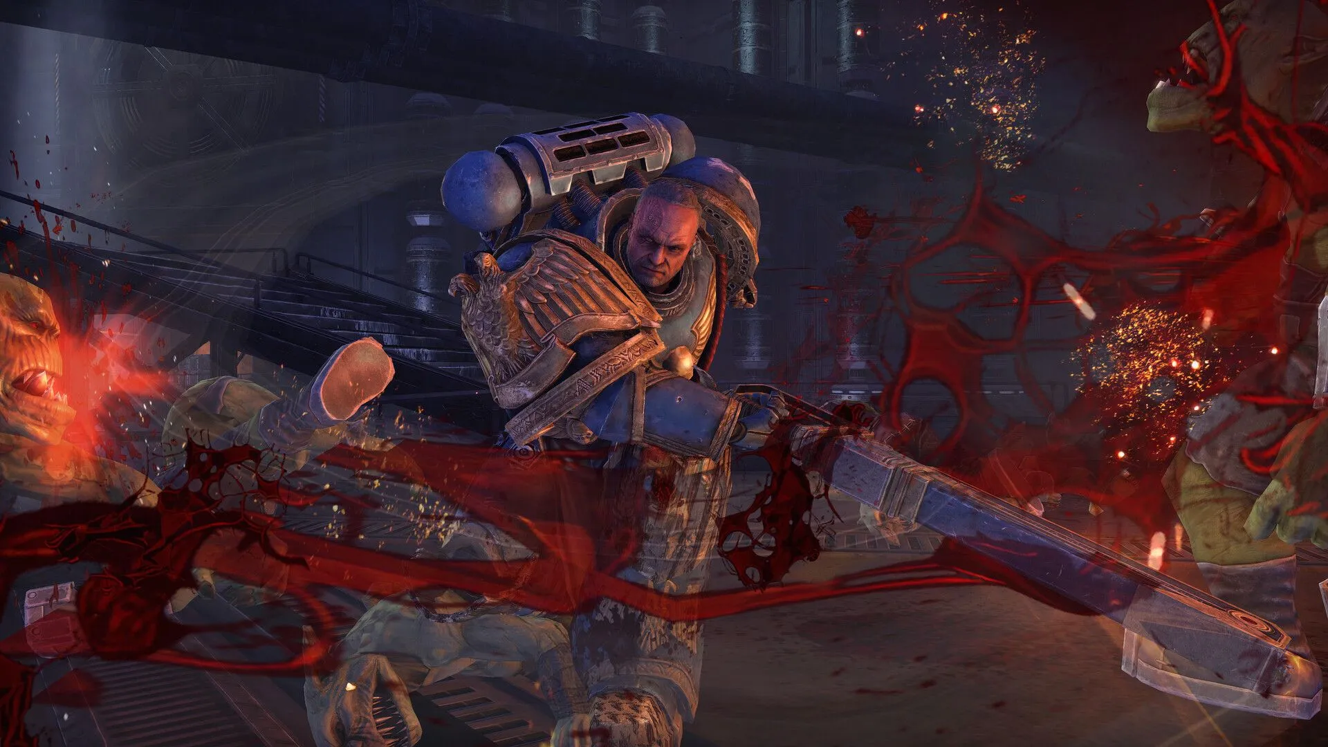 Captain Titus xông pha giữa đội hình địch, thể hiện sức mạnh tuyệt đối của Space Marine