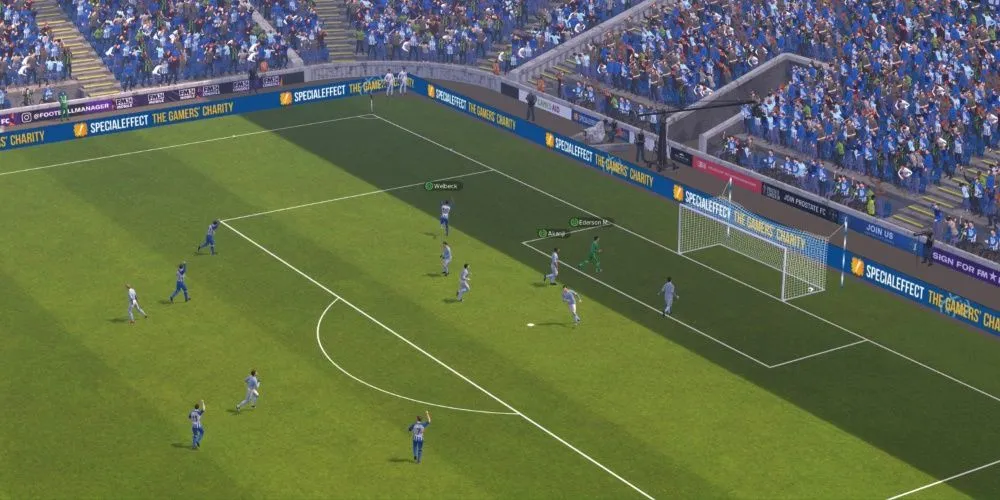 Cầu thủ Mitchell Weiser trên sân trong một trận đấu mô phỏng của Football Manager 2024.