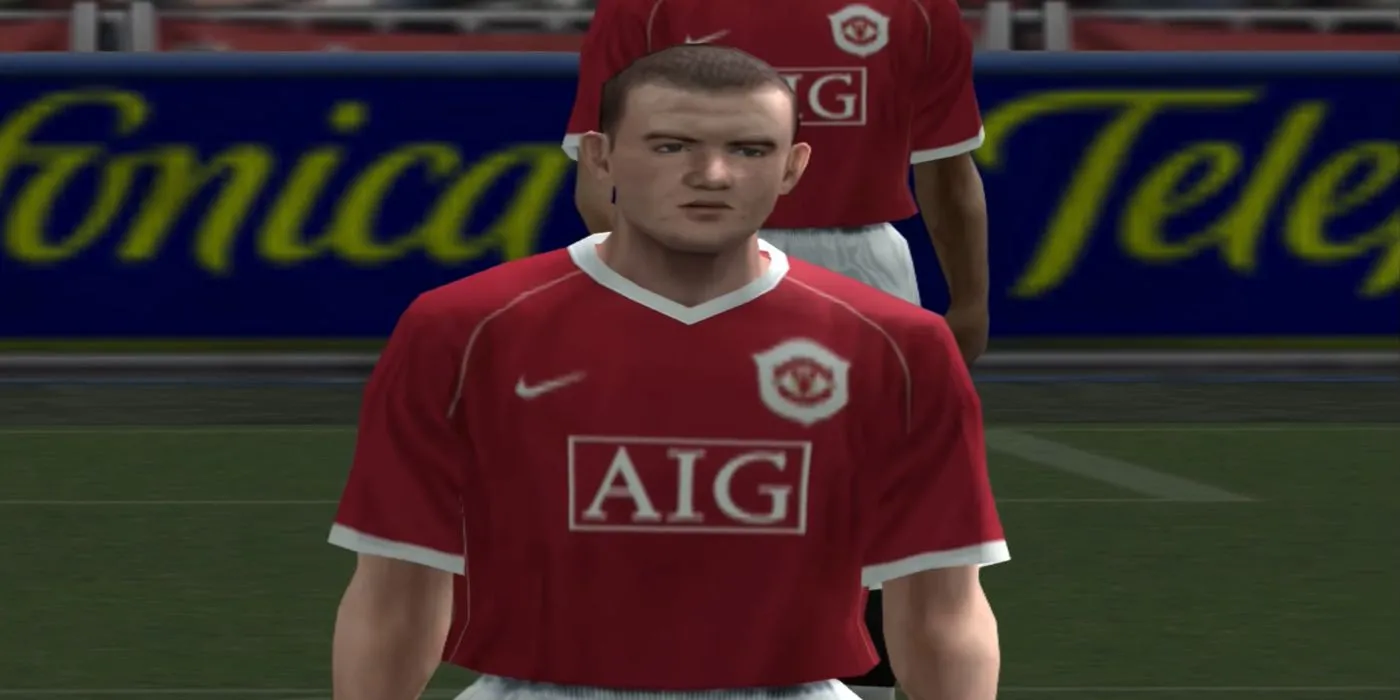 Cầu thủ Rooney với vẻ mặt thất vọng trong một trận đấu của Pro Evolution Soccer 6, thể hiện cảm xúc chân thực trong game.