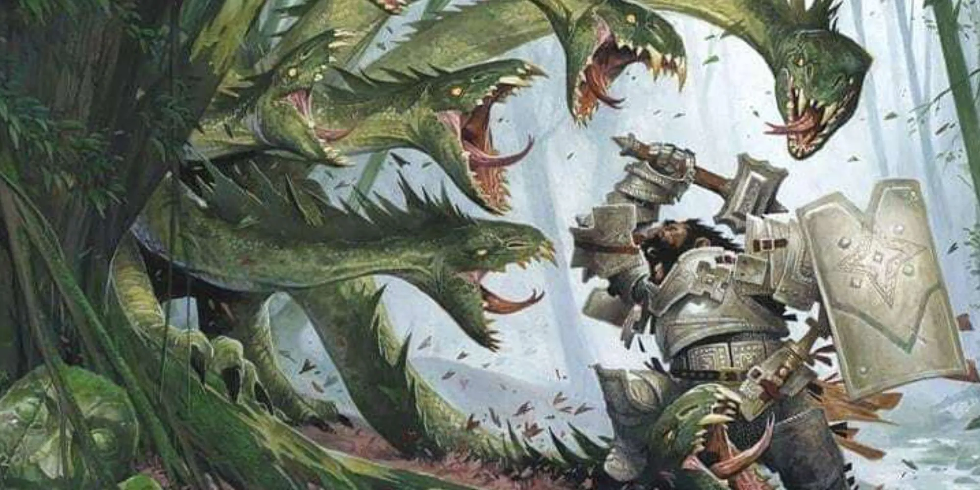 Chiến binh lùn đối đầu Hydra, hình ảnh đặc trưng cho campaign săn quái vật trong Dungeons &amp; Dragons.