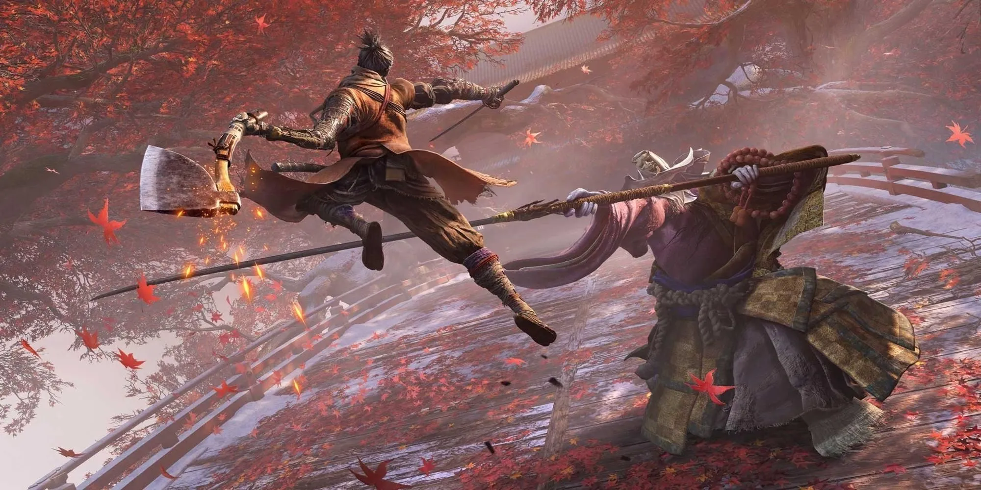 Chó sói &quot;Wolf&quot; giao chiến với True Corrupted Monk, minh họa lối chơi cận chiến đầy thử thách của Sekiro: Shadows Die Twice