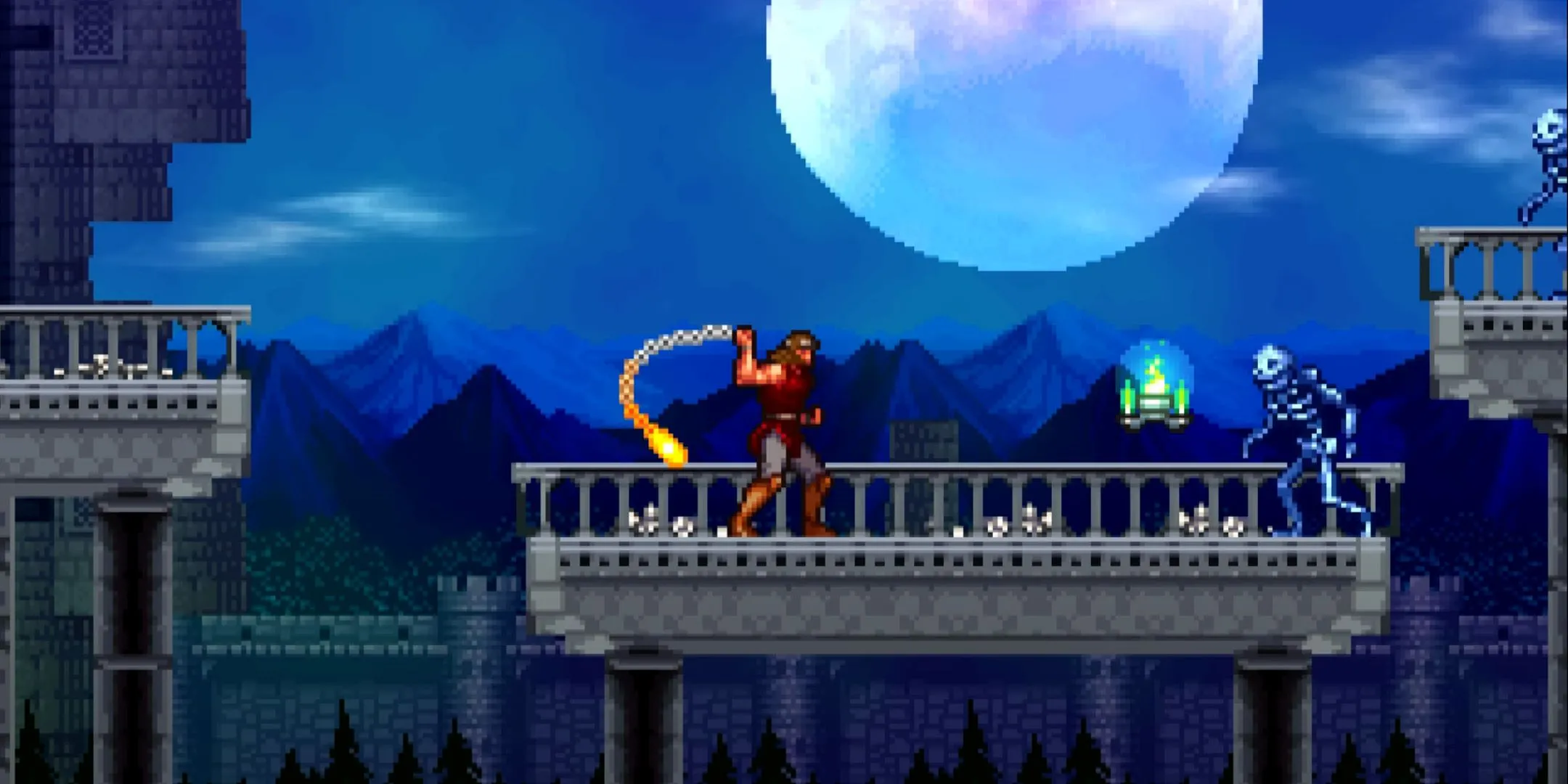 Christopher Belmont dùng roi đánh một bộ xương dưới ánh trăng tròn trong Castlevania: The Adventure ReBirth