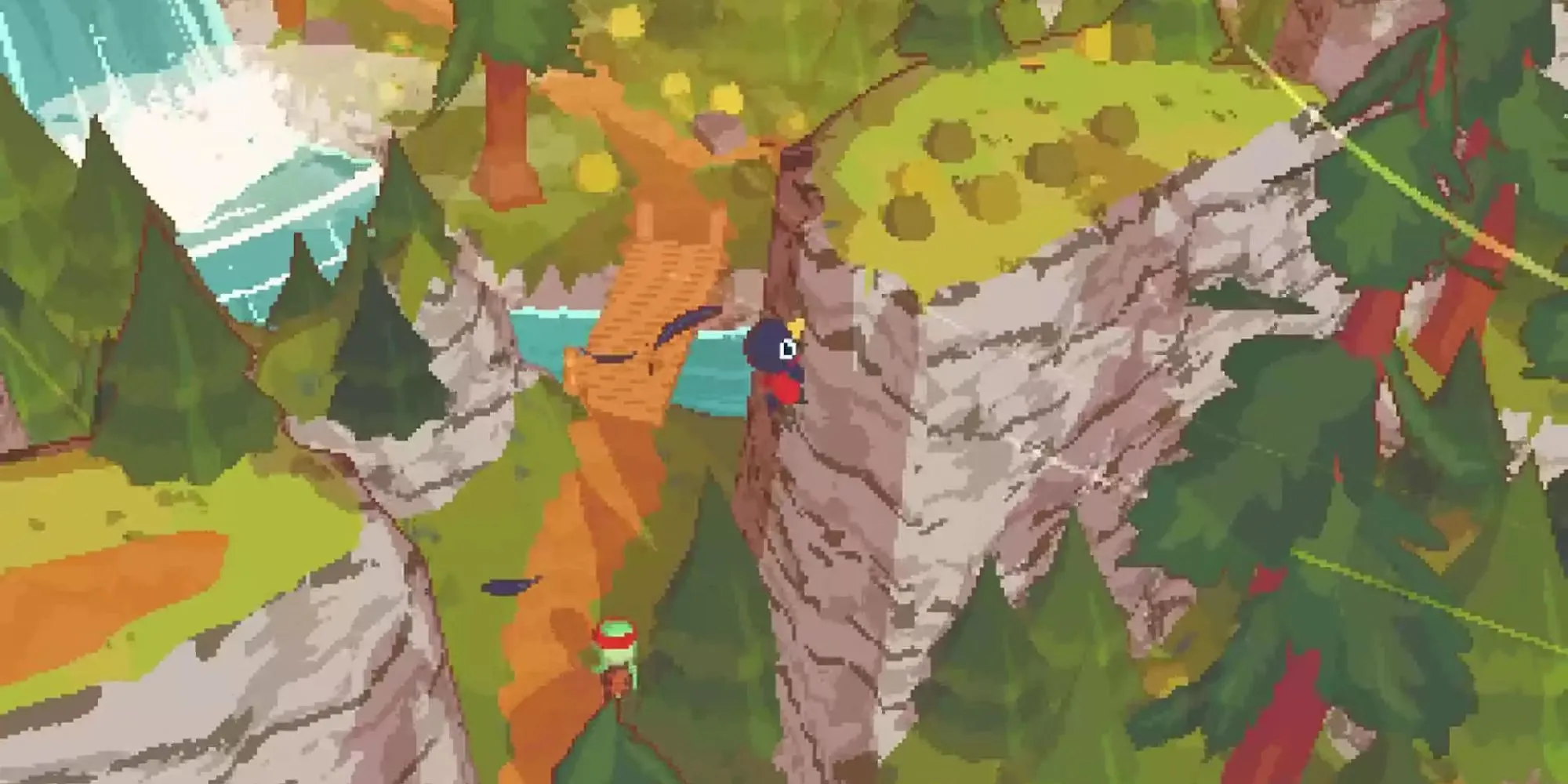 Claire leo núi trong khung cảnh thư giãn của game A Short Hike để tìm sóng điện thoại