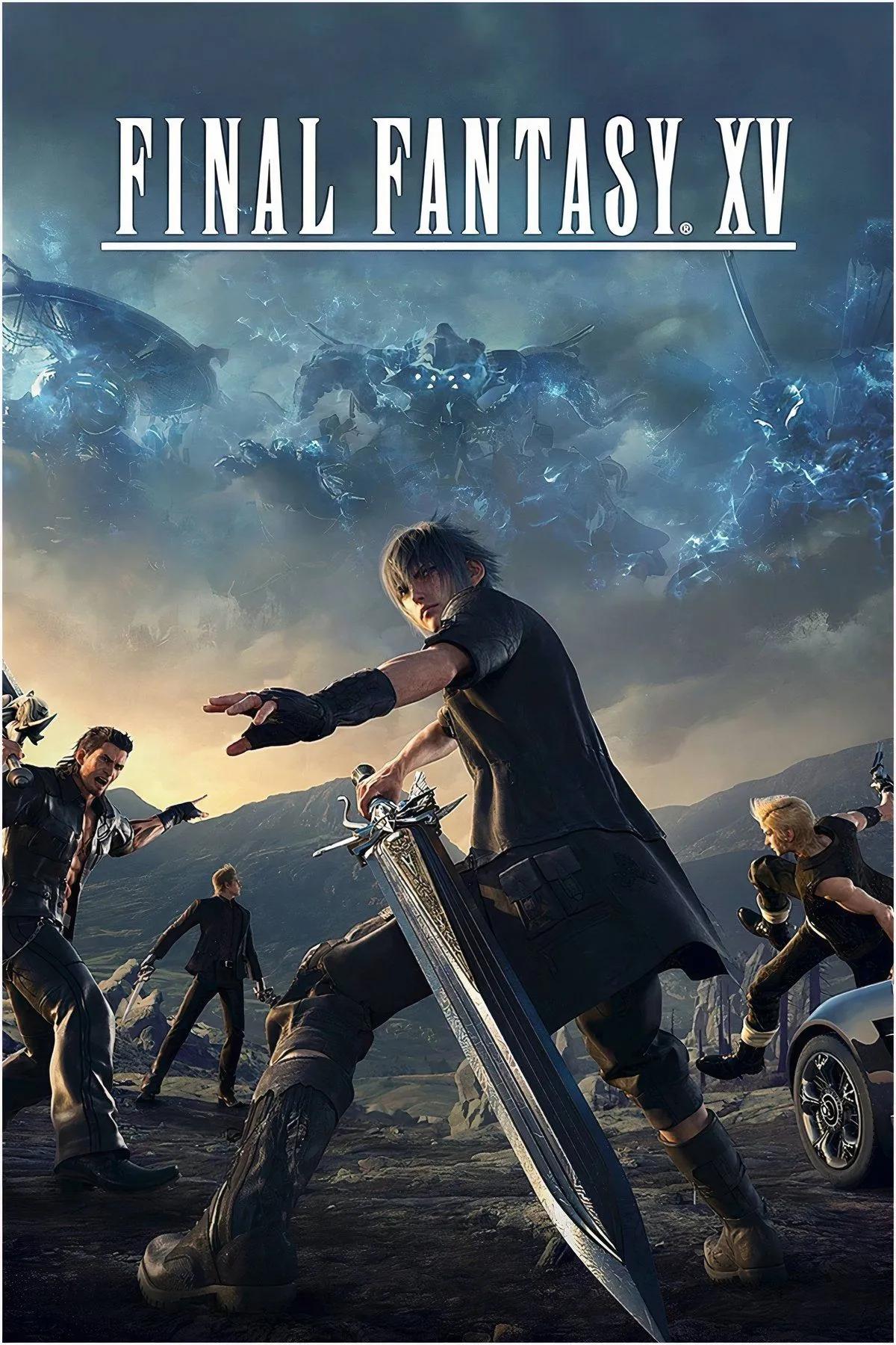 Collage hình ảnh game Final Fantasy XV, thể hiện đồ họa và bối cảnh game, từng là dự án spin-off Kingdom Hearts mang tên Versus XIII.