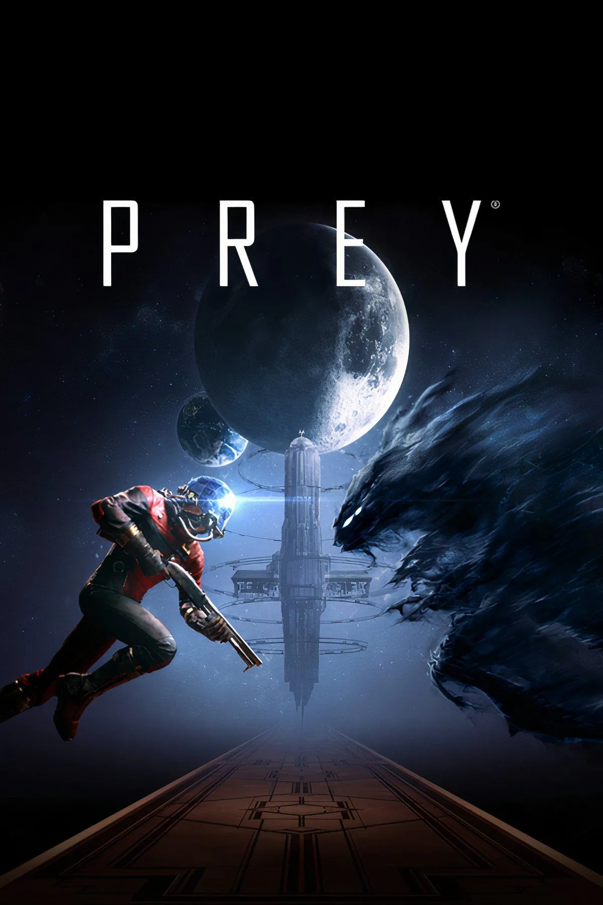 Collage hình ảnh game Prey (2017), thể hiện không khí game immersive sim trên trạm không gian, khác biệt hoàn toàn với concept ban đầu của Prey 2.