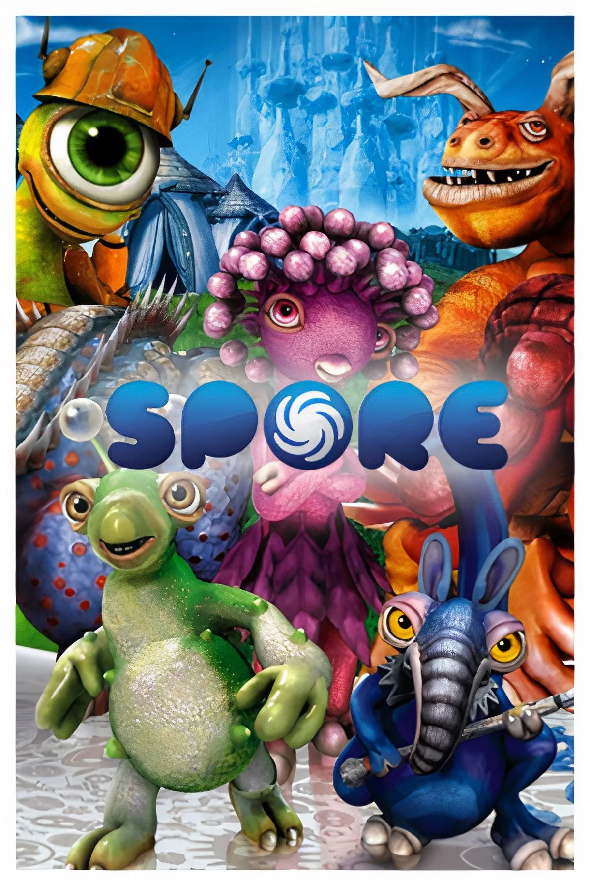 Collage hình ảnh game Spore, thể hiện các giai đoạn tiến hóa và sinh vật tùy chỉnh, khác biệt so với concept mô phỏng sinh học hardcore ban đầu.