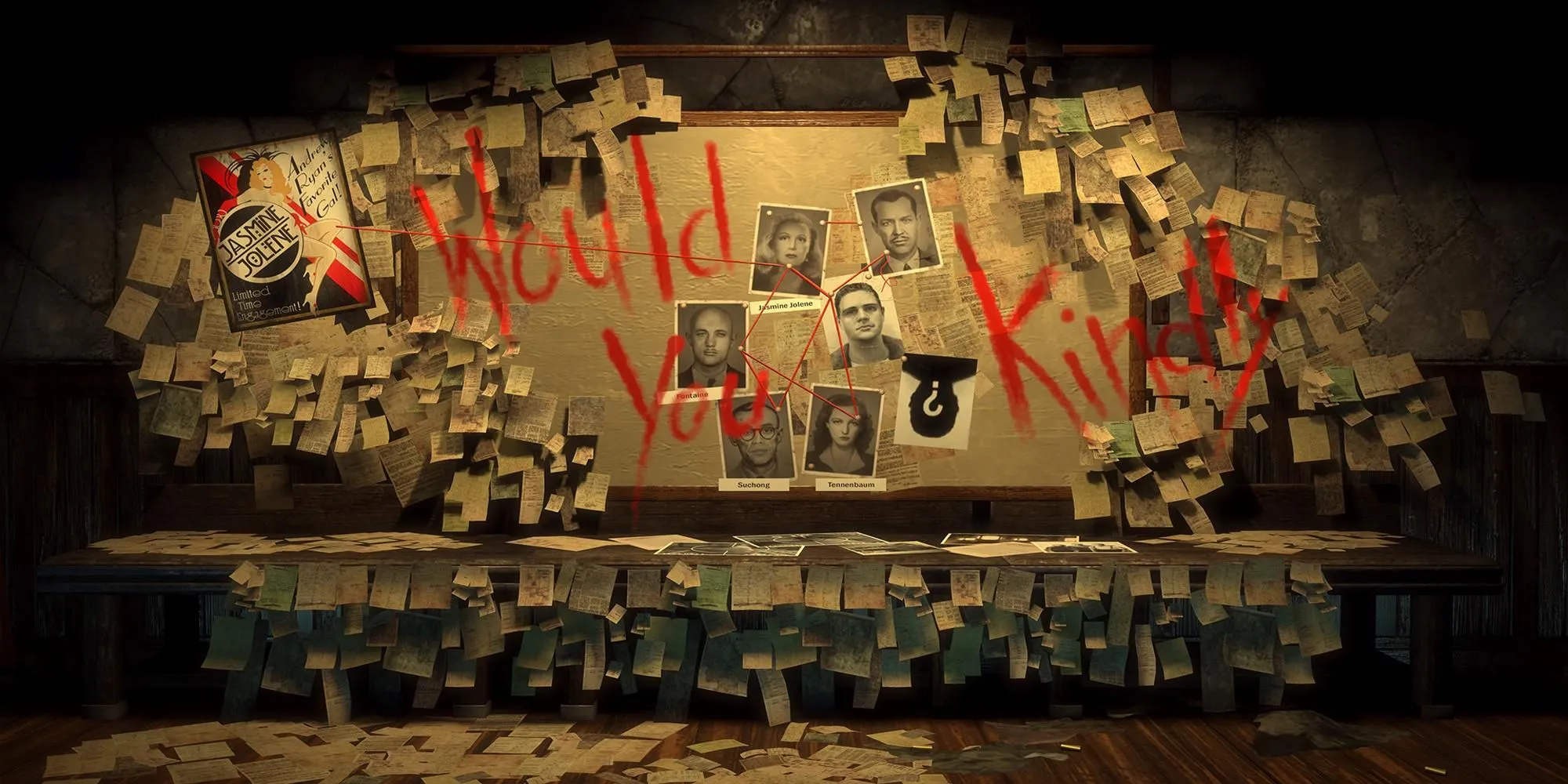 Dòng chữ &quot;Would You Kindly&quot; viết bằng máu trên tường trong BioShock, gợi nhắc về cú twist kinh điển và sự thao túng