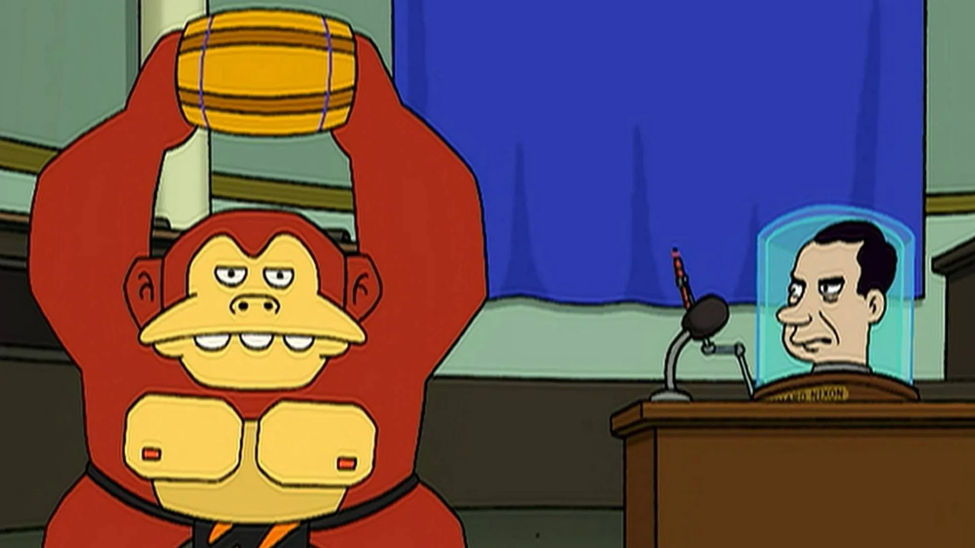 Donkey Kong ném thùng vào đầu Richard Nixon trong phim hoạt hình Futurama, một cảnh cameo không chính thức