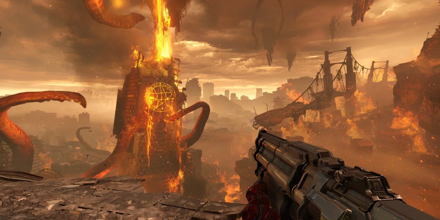 Doom Slayer đứng trên thành phố bị tàn phá trên Trái Đất trong DOOM Eternal, chuẩn bị đối mặt với binh đoàn địa ngục