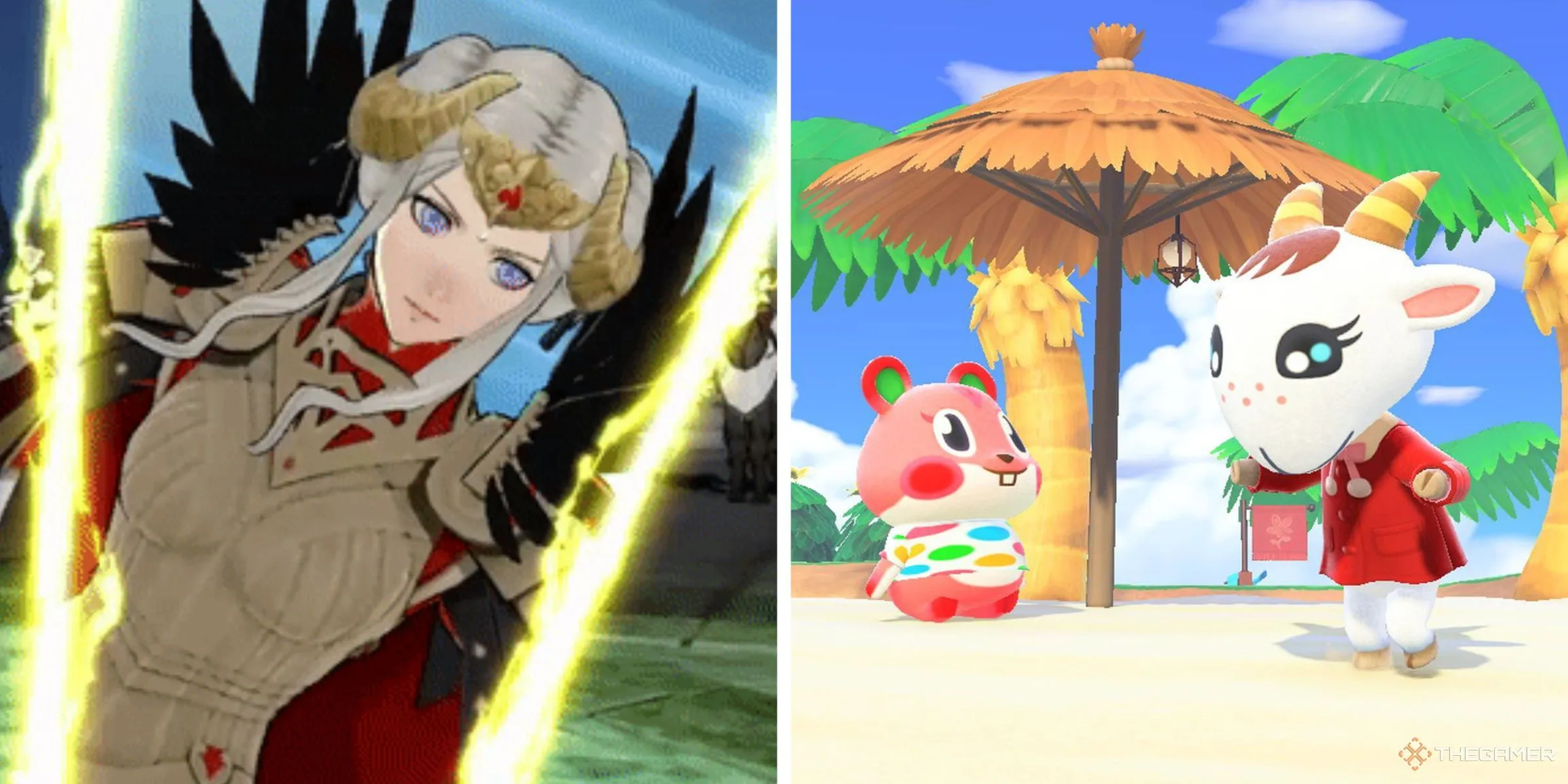 Edelgard tung đòn chí mạng trong Fire Emblem: Three Houses và Apple cùng Chevre thư giãn trên bãi biển Animal Crossing: New Horizons, thể hiện trải nghiệm chơi game nhẹ nhàng.