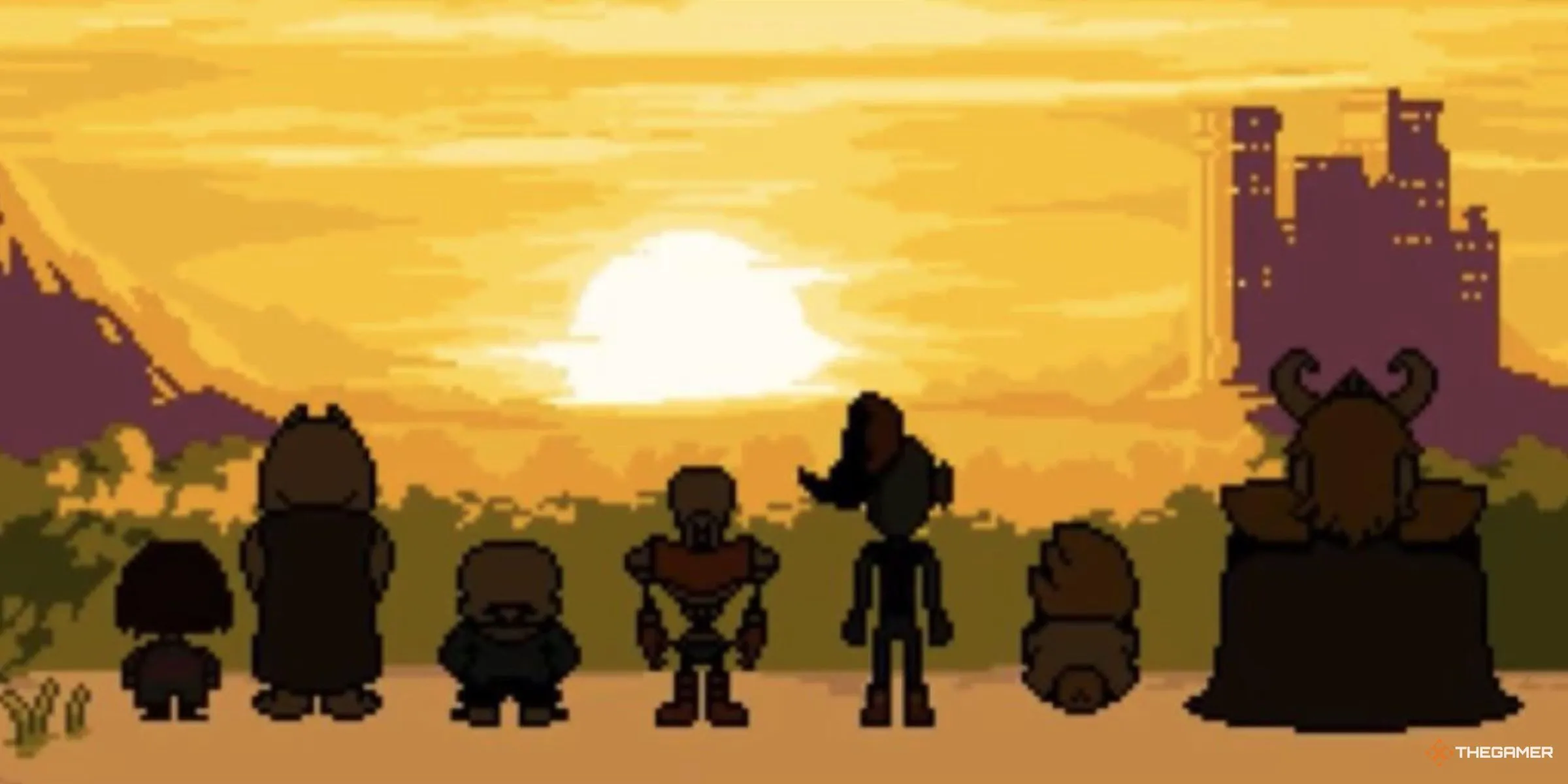 Frisk, Toriel, Sans, Papyrus, Undyne, Alphys và Asgore ngắm hoàng hôn cuối game Undertale, biểu tượng cho sự kết thúc cảm xúc.