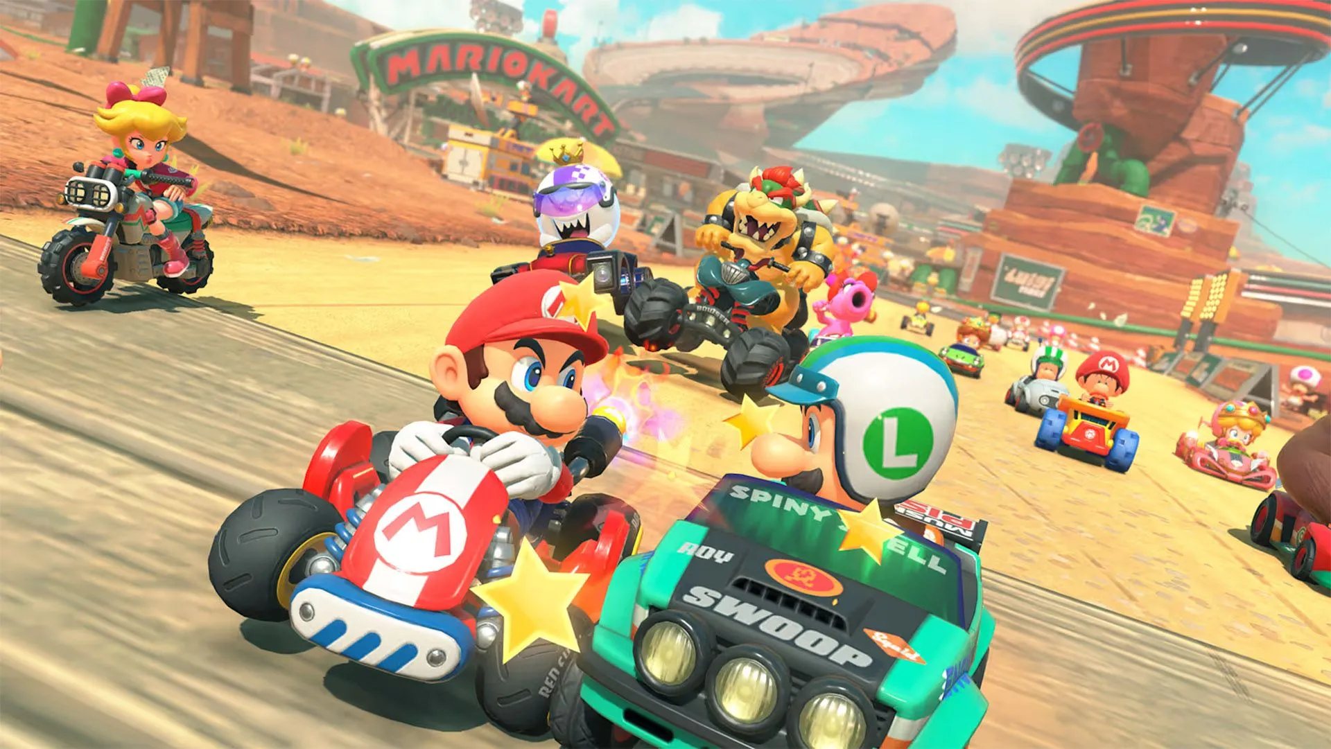 Game thủ cùng nhau khám phá sảnh chờ thế giới mở đầy thú vị của Mario Kart World khi chờ trận đấu
