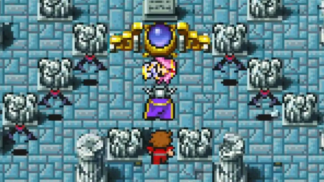 Garland đang lơ lửng, chuẩn bị tấn công Công chúa Sarah trong cảnh mở đầu của Final Fantasy I.
