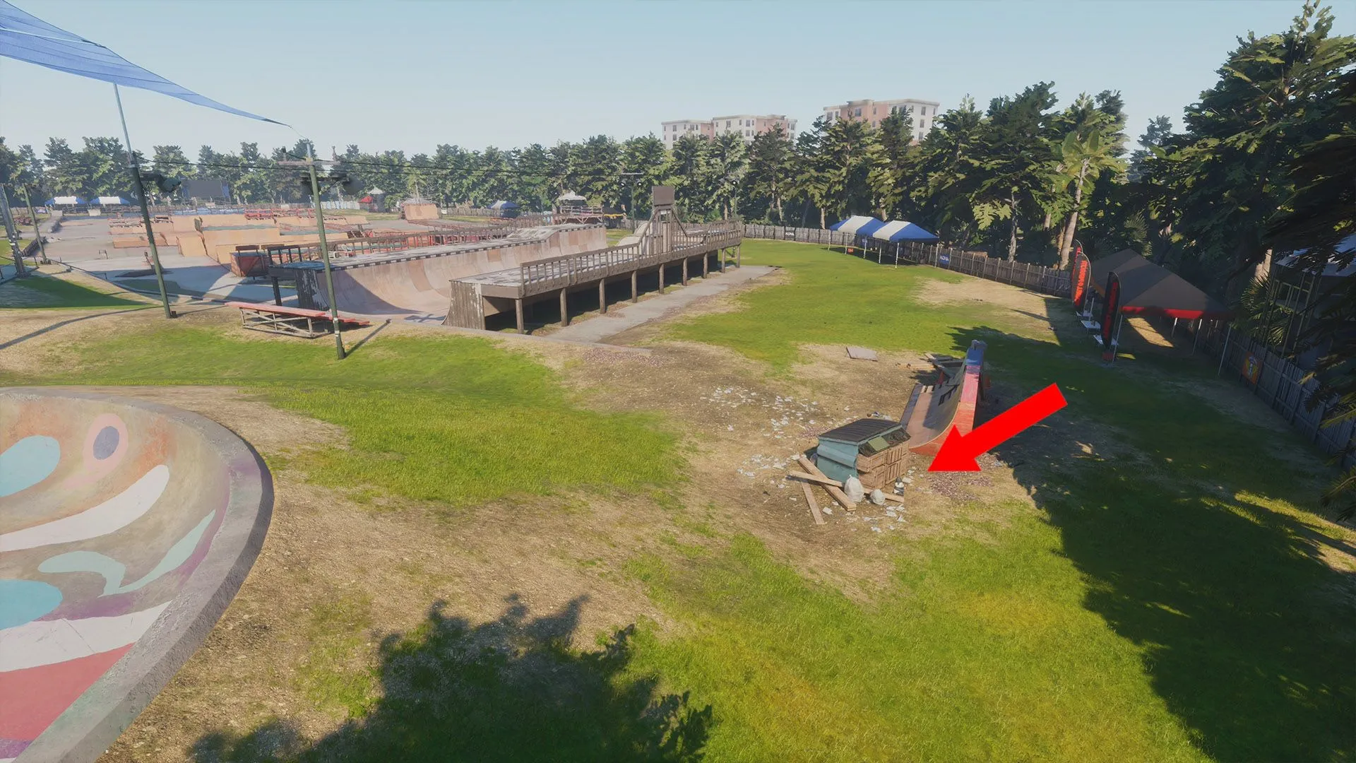 Gấu bông Panda nép mình sau thùng rác lớn ở khu vực halfpipe cuối màn Kona, Tony Hawk's Pro Skater 3 + 4.