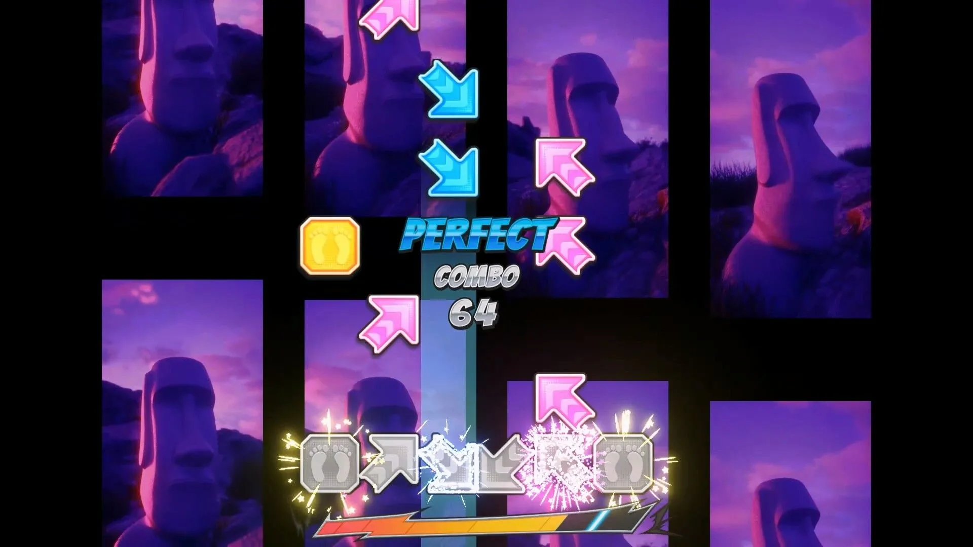 Giao diện gameplay Pump It Up Rise trên PC, hiển thị các mũi tên và chỉ số điểm số trong một bài hát nhịp điệu.