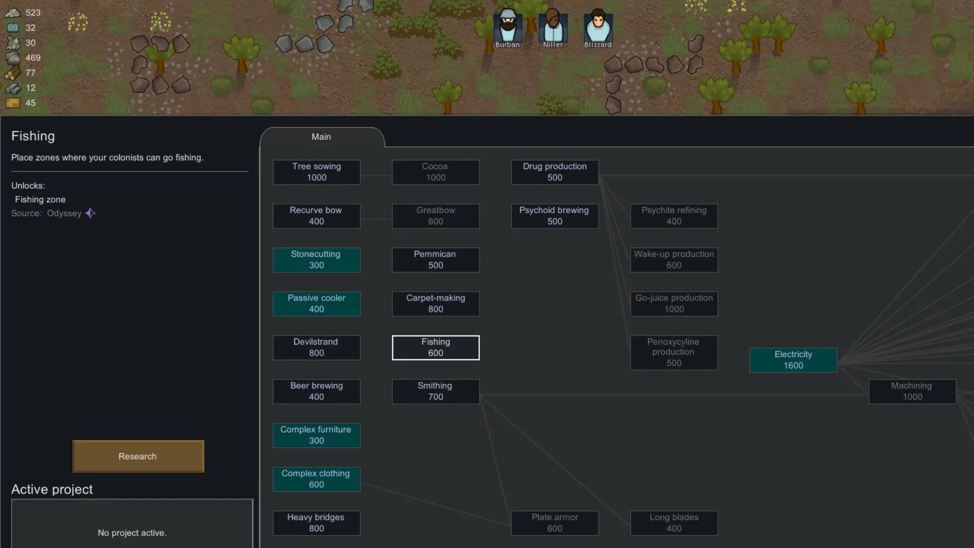 Giao diện nghiên cứu Fishing Node trong RimWorld Odyssey, đánh dấu vị trí quan trọng của nó