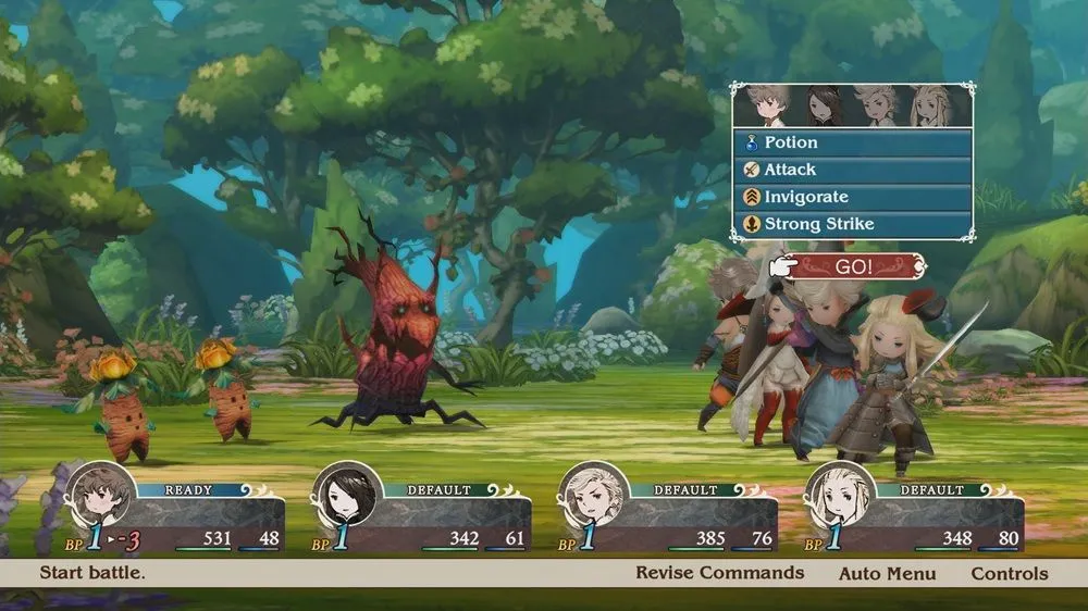 Giao diện trận chiến turn-based với cơ chế Brave/Default đặc trưng của Bravely Default Flying Fairy HD Remaster