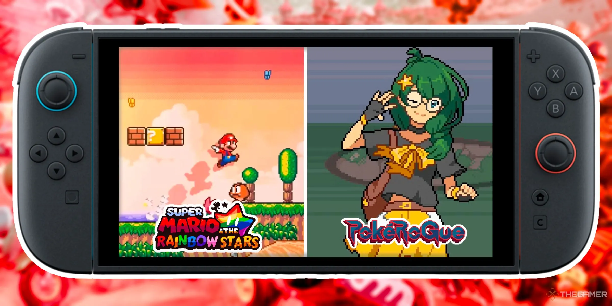 Hai hình ảnh minh họa từ fan game Super Mario &amp; The Rainbow Stars và PokeRogue, hiển thị bên trong màn hình Nintendo Switch 2.