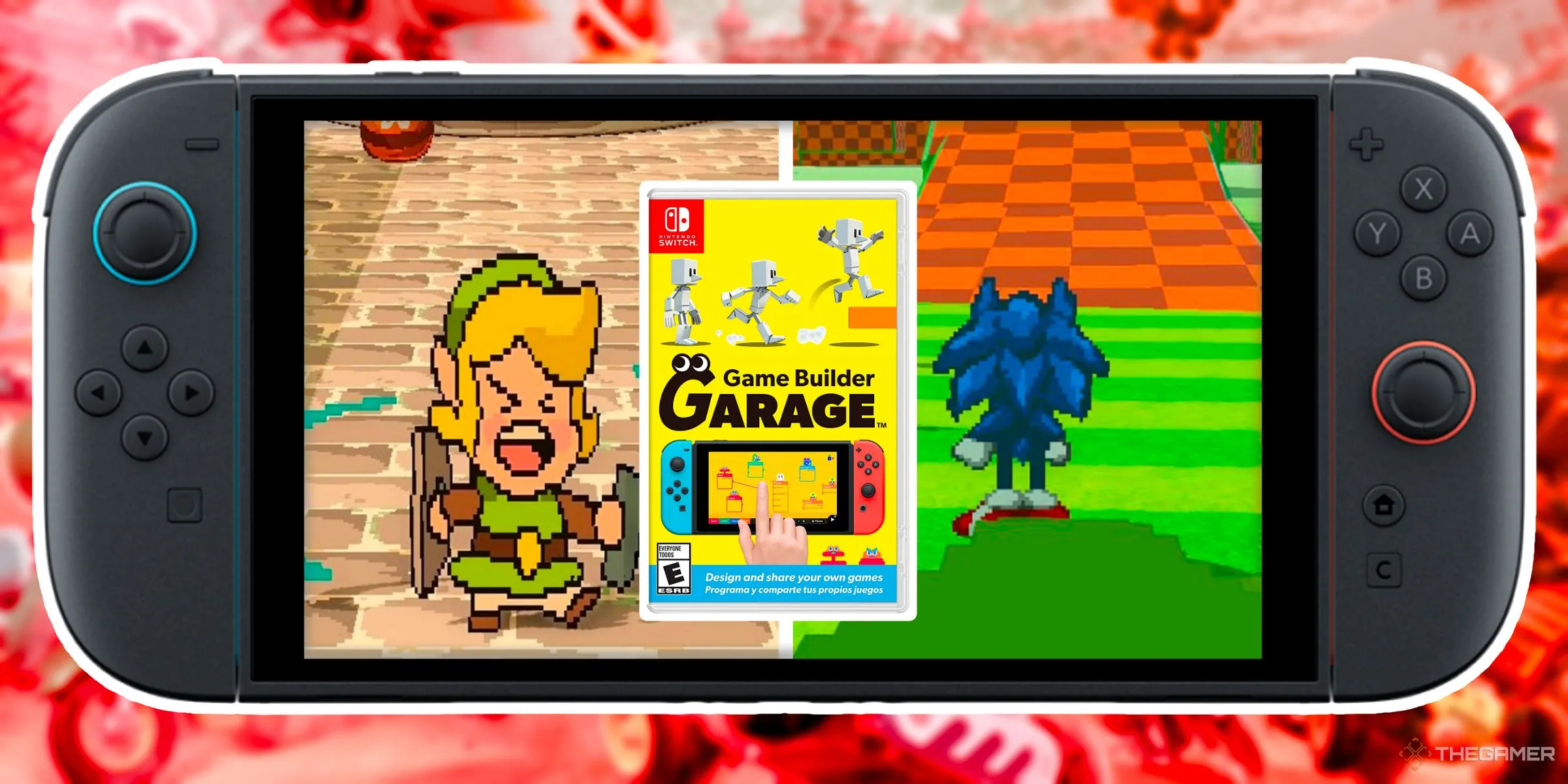 Hai trò chơi do người chơi tự làm lấy cảm hứng từ Sonic và Zelda, cùng với ảnh bìa Game Builder Garage, hiển thị bên trong màn hình Nintendo Switch 2.