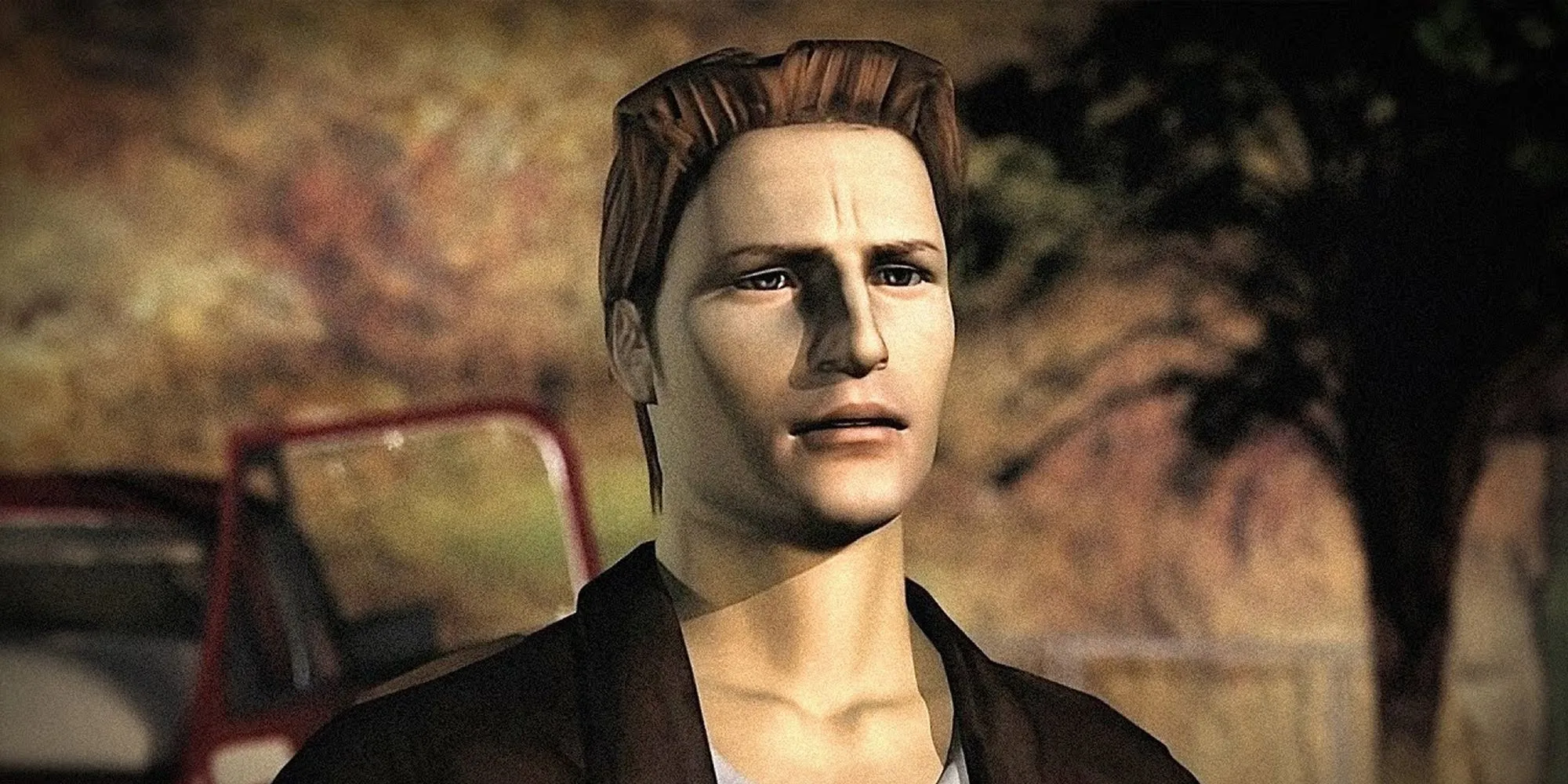 Harry Mason đứng bên ngoài chiếc xe của mình trong Silent Hill, cảnh đêm.