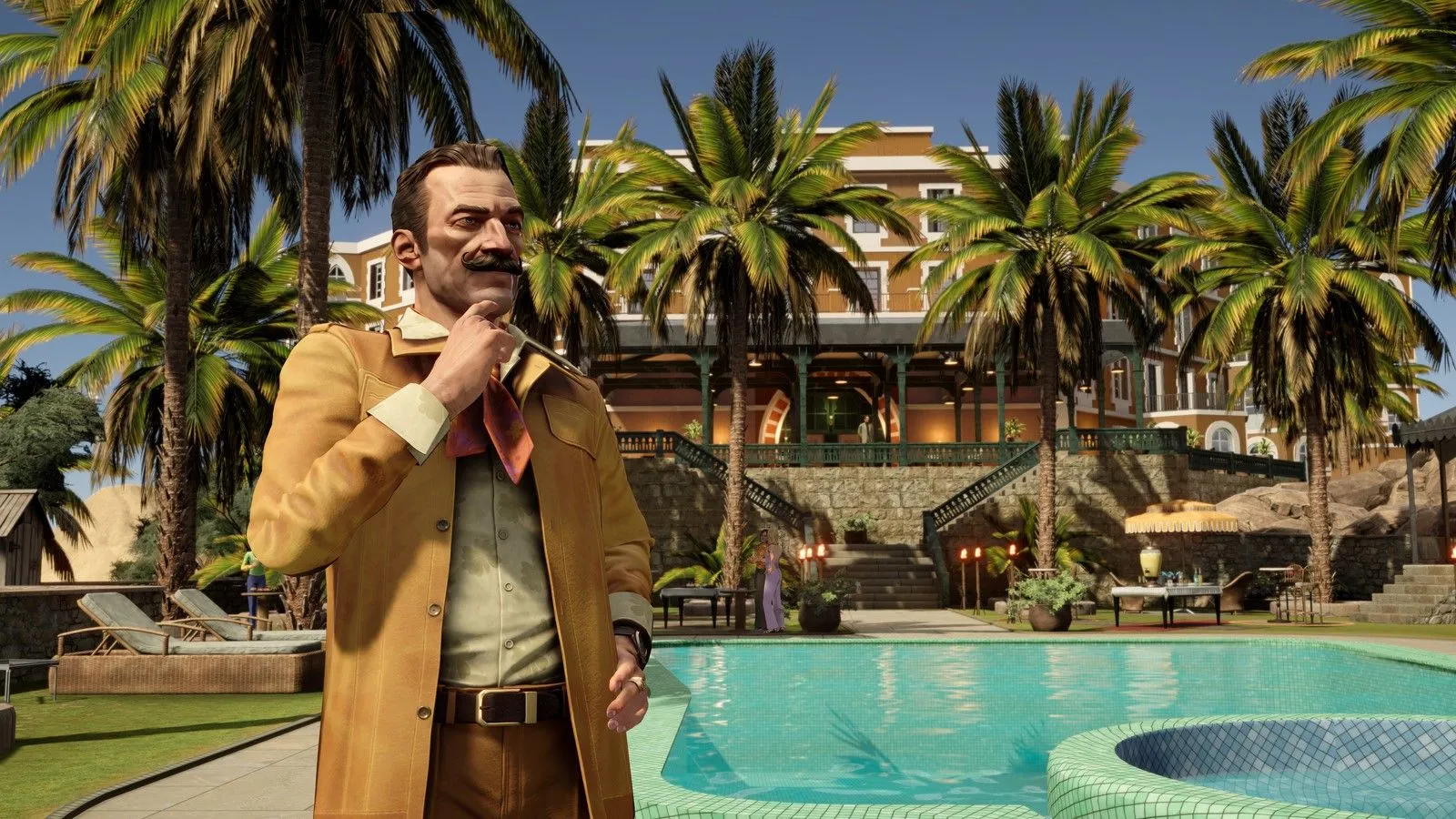 Hercule Poirot, thám tử lừng danh trong game Agatha Christie Death on the Nile, đang suy tư bên bể bơi trên du thuyền sang trọng.