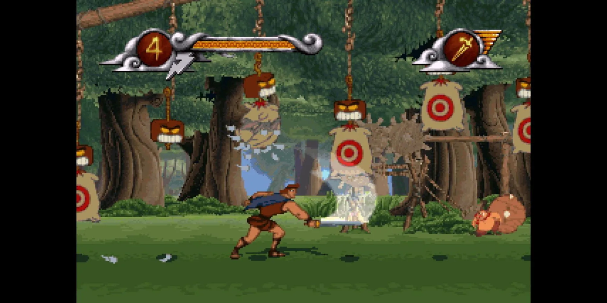 Hercules lao mình qua cảnh quan tuyệt đẹp của Thebes trong game PS1