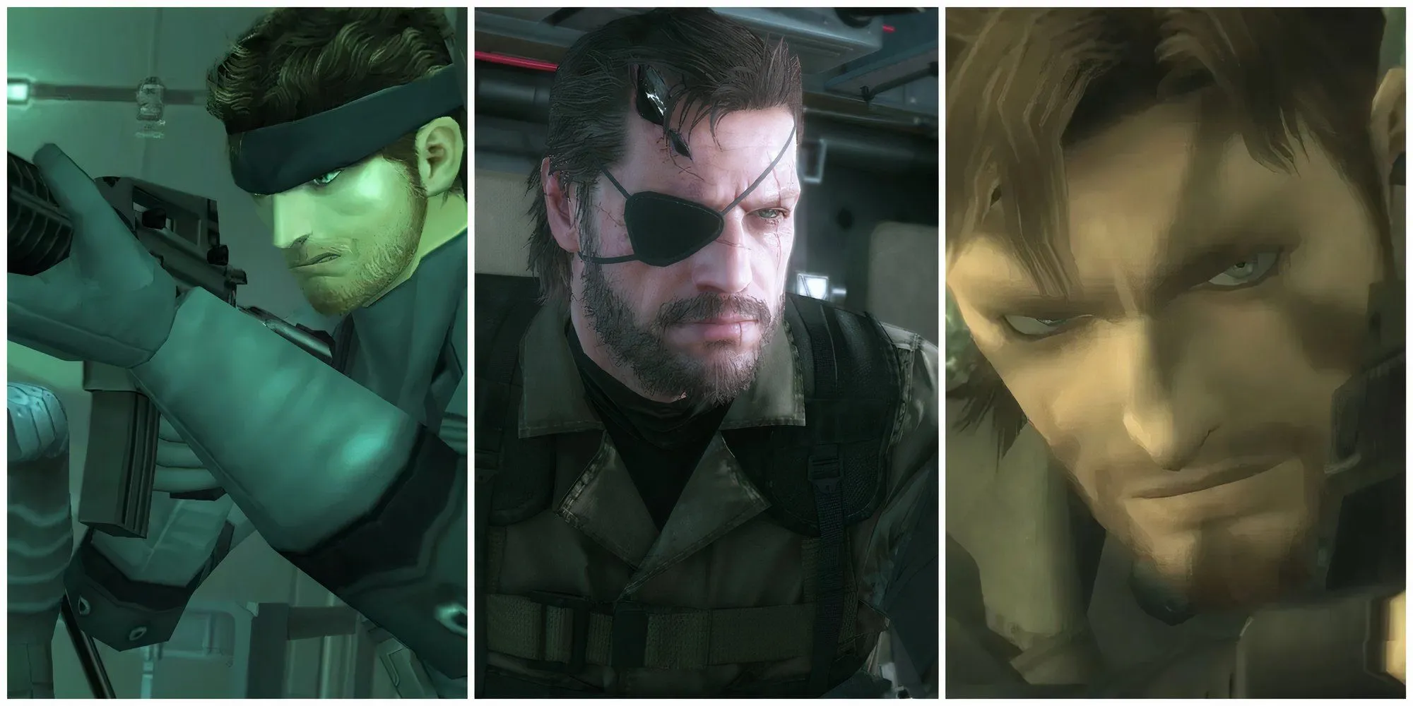 Hình ảnh biểu tượng của Solid Snake, Venom Snake và Naked Snake, những nhân vật chính làm nên lịch sử Metal Gear Solid.