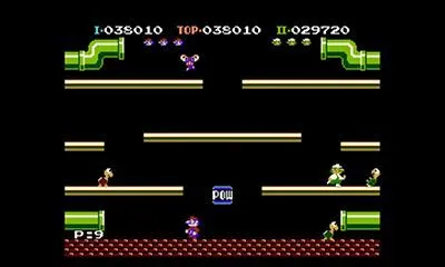 Hình ảnh gameplay từ Mario Bros. phiên bản gốc, thể hiện cơ chế chơi của tựa game arcade kinh điển.