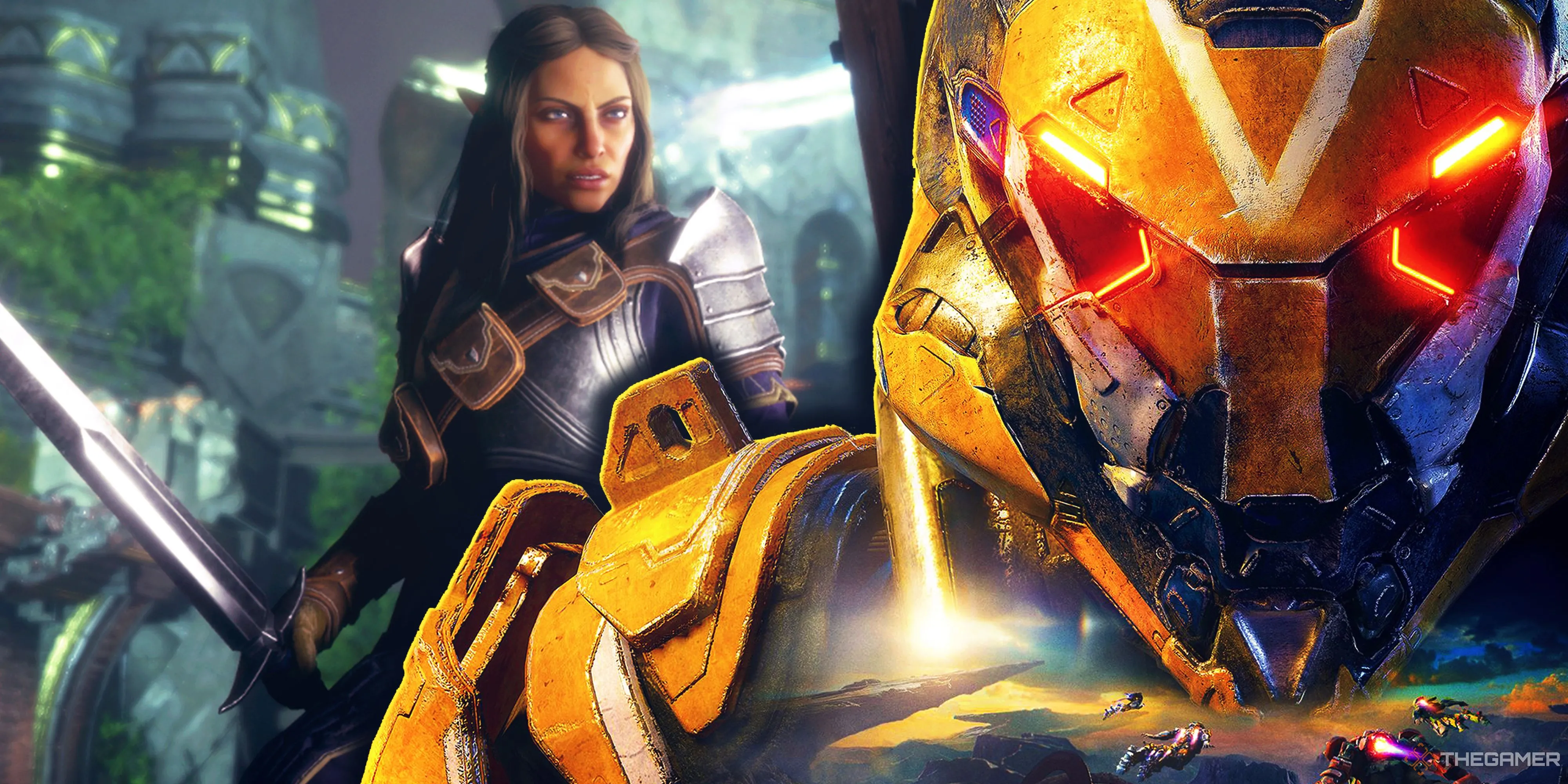 Hình ảnh ghép so sánh nhân vật từ Dragon Age The Veilguard và Javelin của Anthem, hai tựa game nổi bật của BioWare.