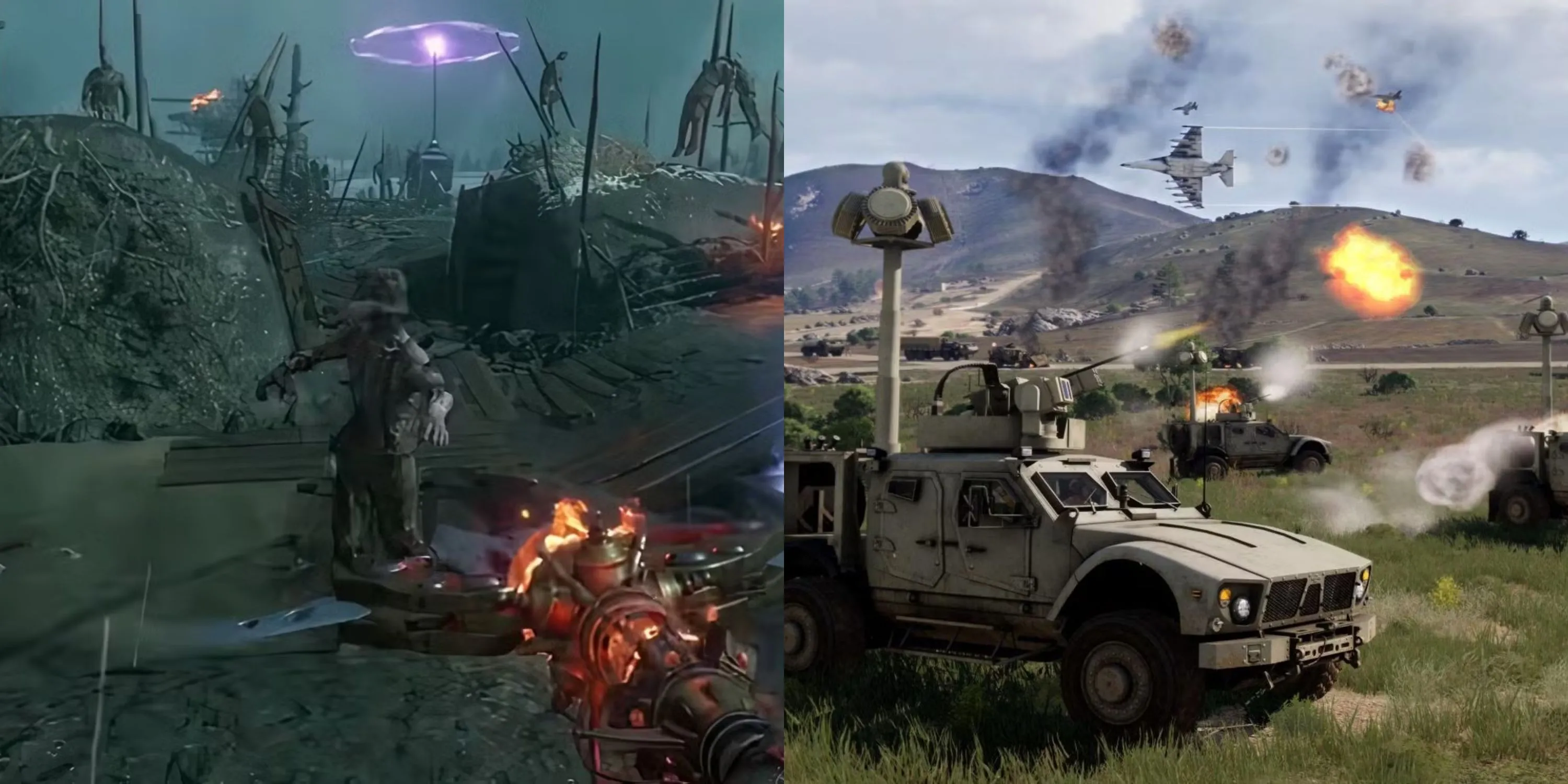 Hình ảnh kết hợp cảnh bắn zombie trong Call of Duty Black Ops 2 và chiến trường ARMA 3, thể hiện đa dạng chiến trường FPS