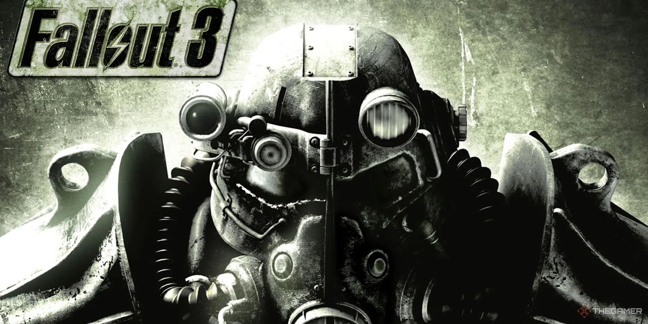 Hình ảnh logo Fallout 3 và cận cảnh bộ giáp Power Armor.
