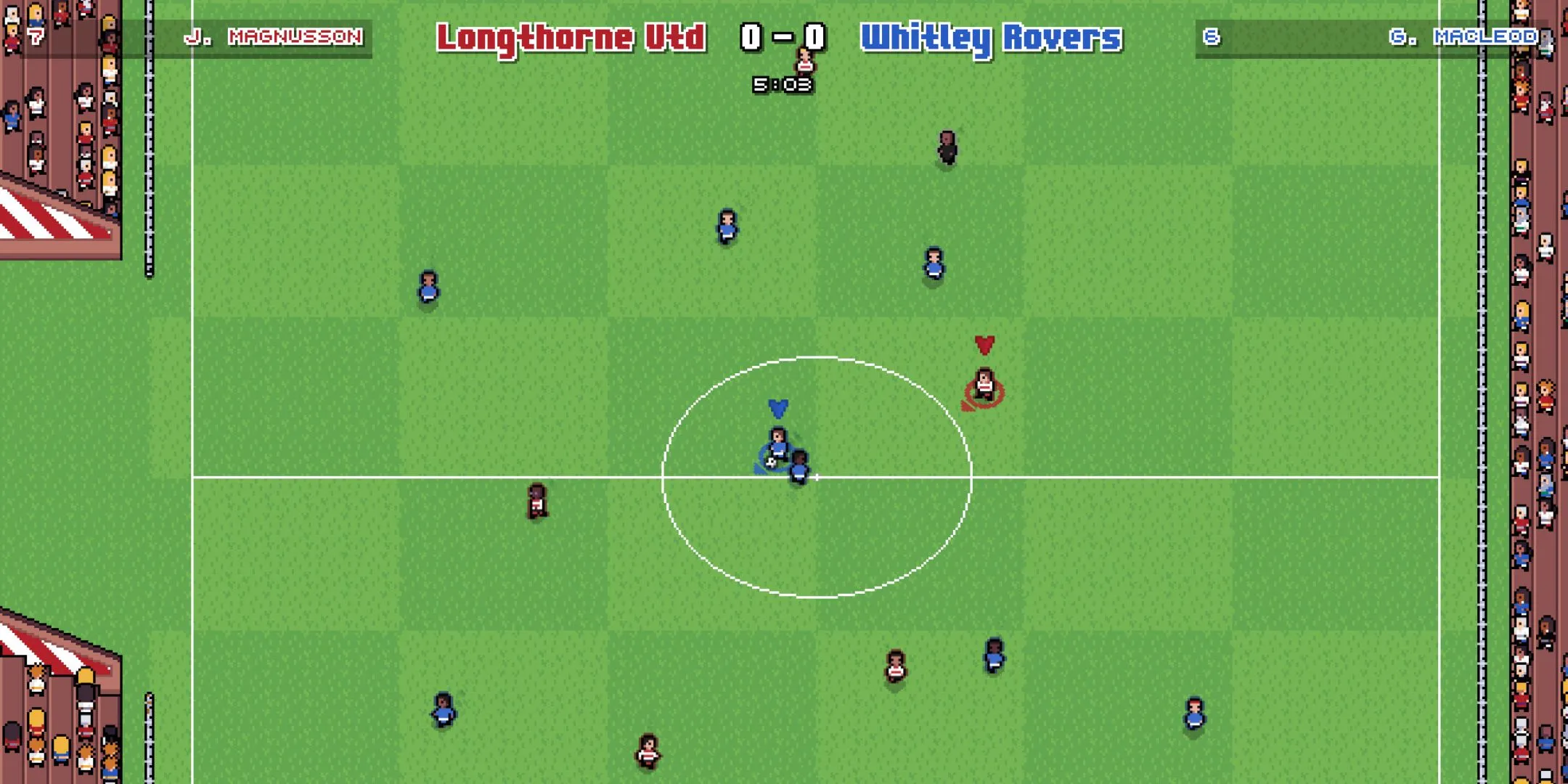 Hình ảnh một trận đấu giữa hai đội Longthorne Utd và Whitley Rovers trong game Bang Average Football.