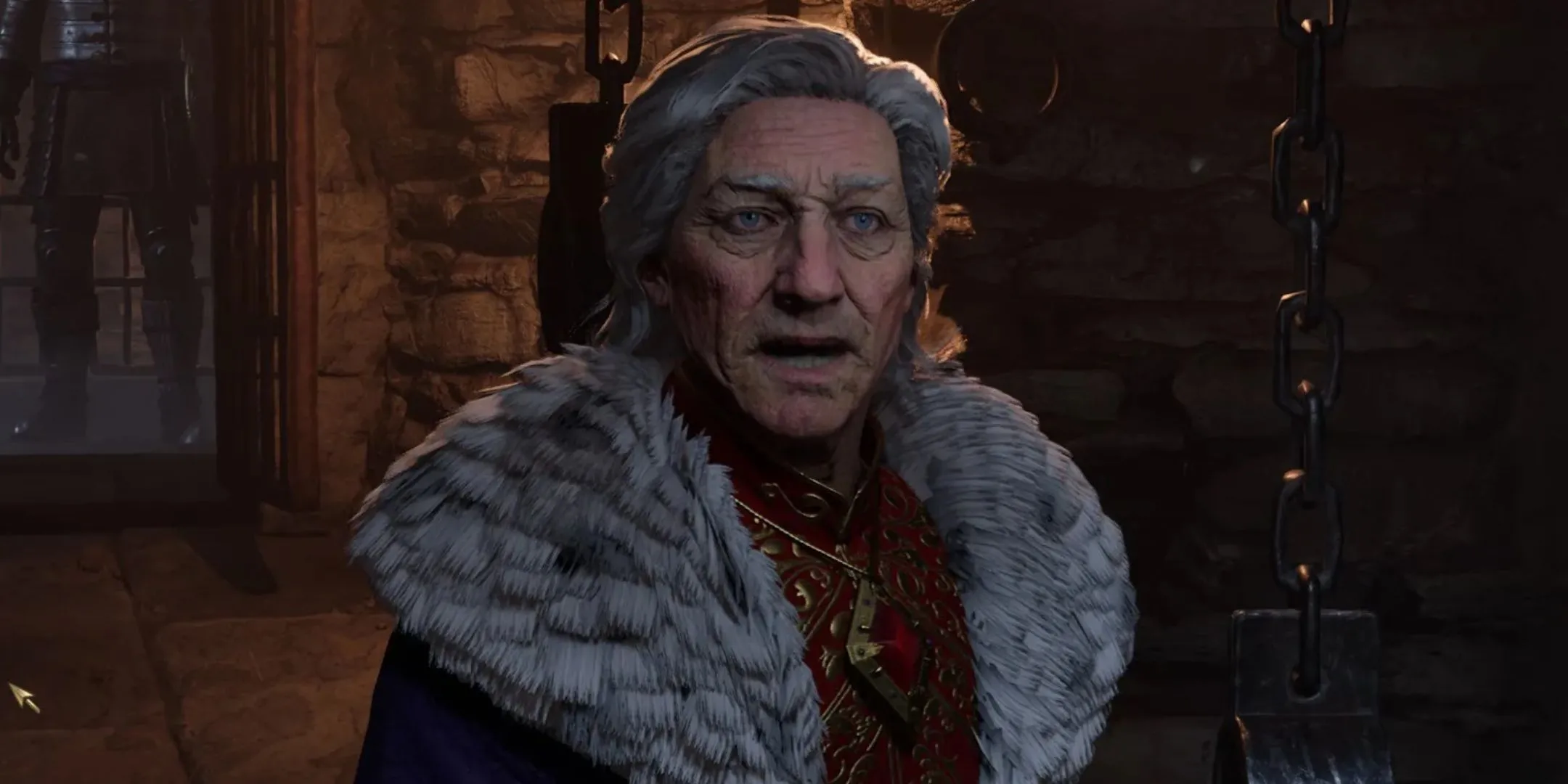 Hoàng đế Uriel Septim với biểu cảm bối rối trong phiên bản The Elder Scrolls 4: Oblivion Remastered, cho thấy sự cải thiện đáng kể về đồ họa và biểu cảm khuôn mặt nhân vật.
