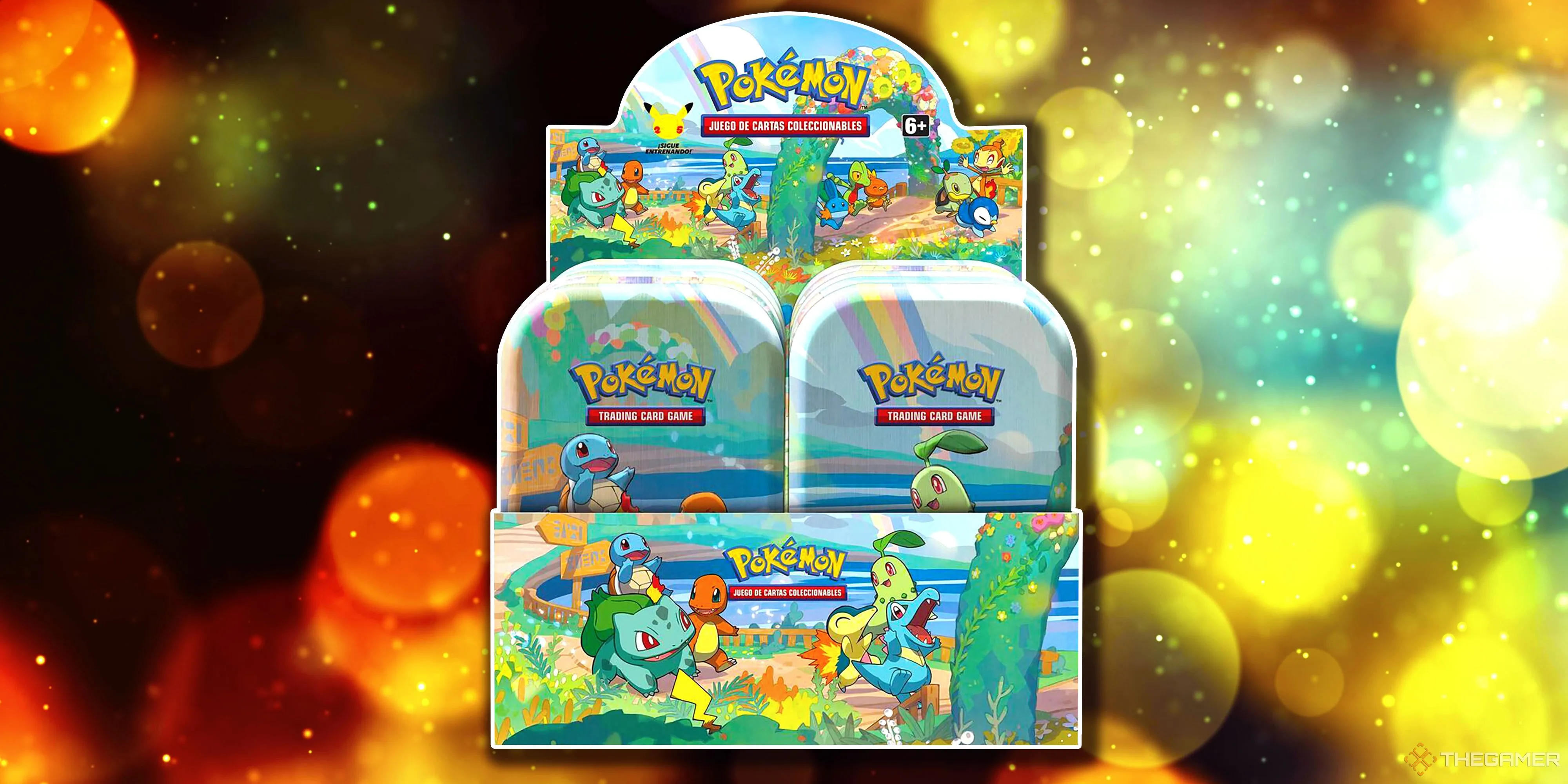 Hộp Mini Tin Display Pokemon TCG Celebrations với artwork kỷ niệm 25 năm, bao gồm các starter Kanto và Johto.