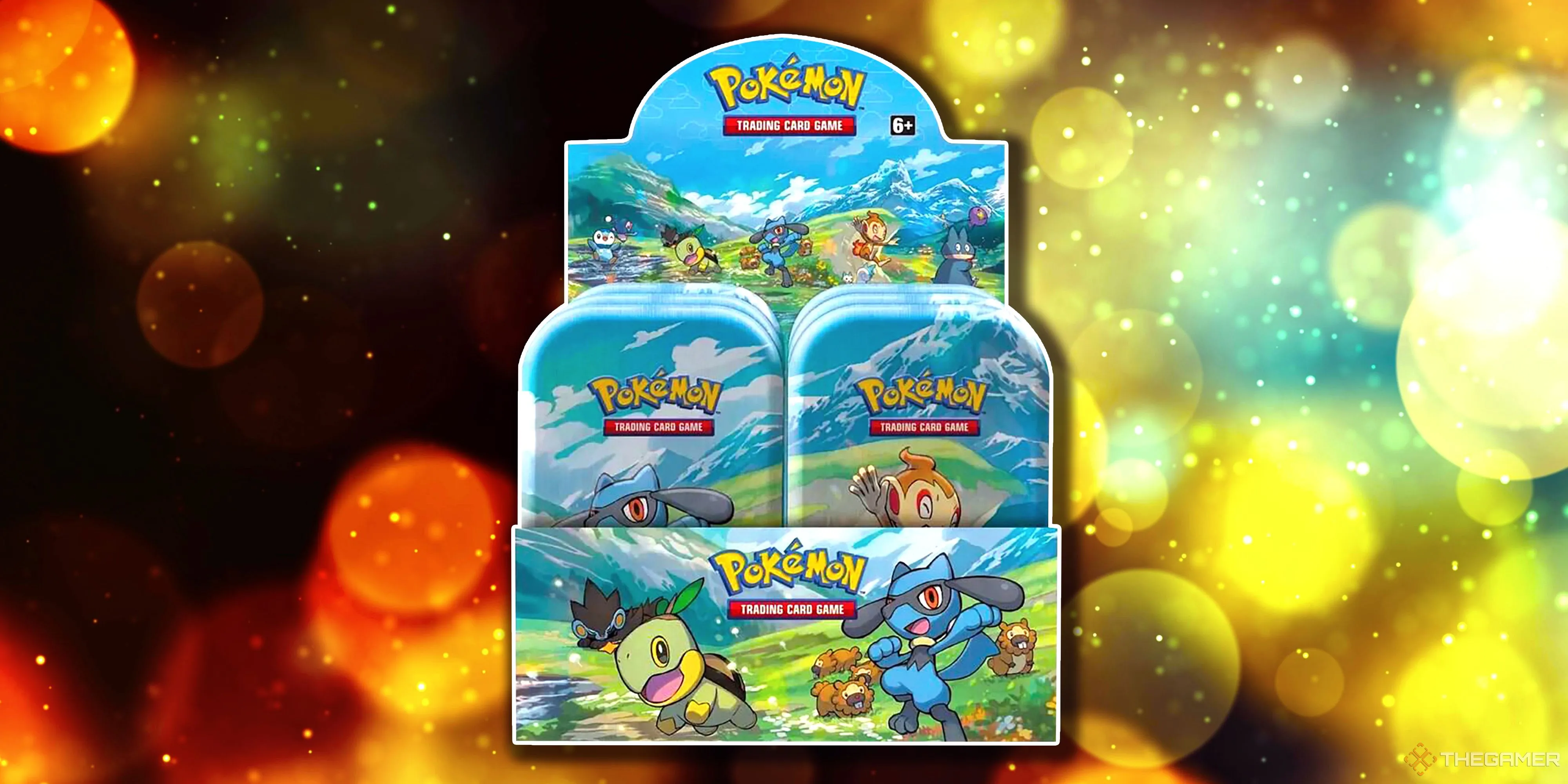 Hộp Mini Tin Display Pokemon TCG Sinnoh Star với hình ảnh các Pokemon huyền thoại Sinnoh trên vỏ hộp.
